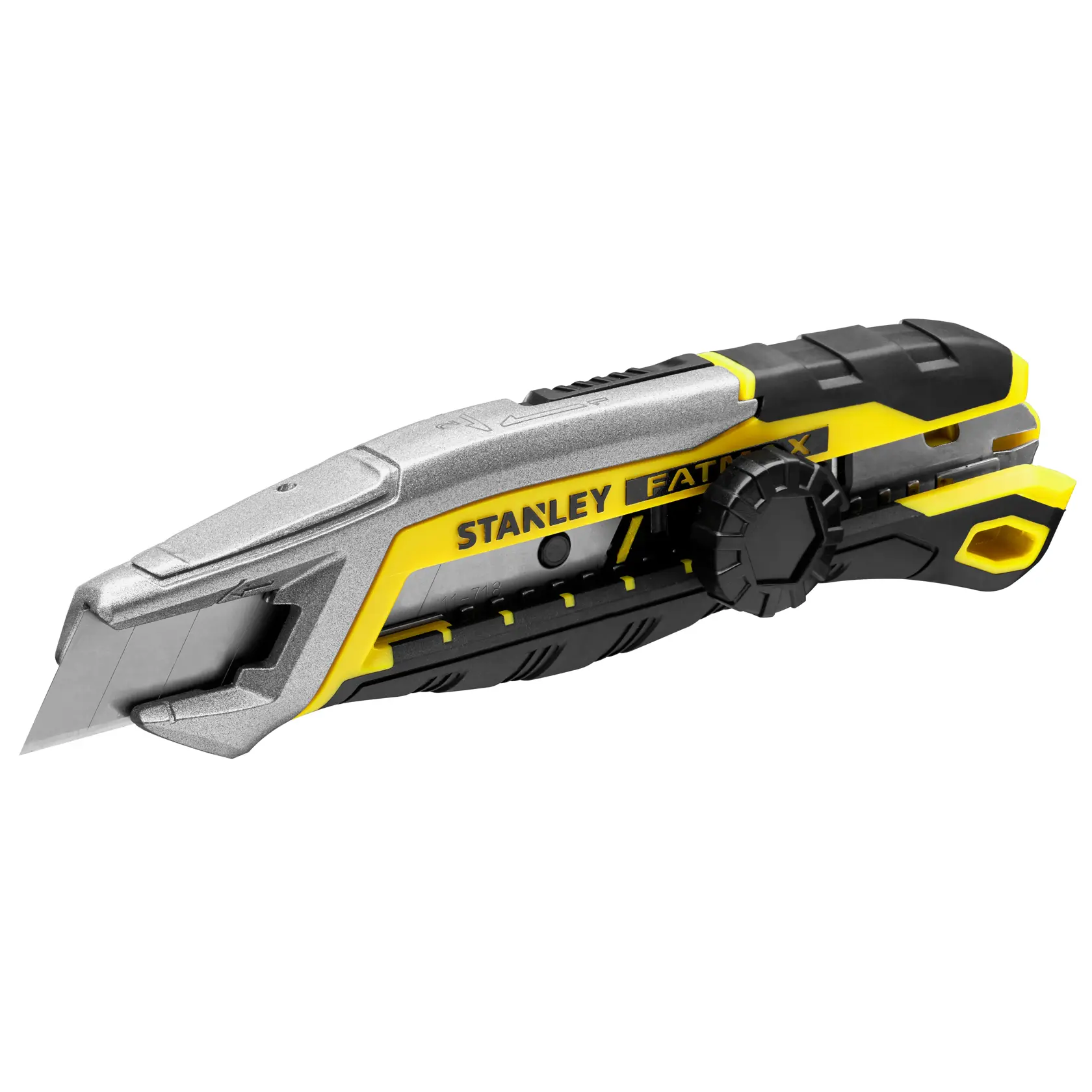 Stanley FATMAX utility knife, angled side view, silver and yellow body with black grip and blade exposed