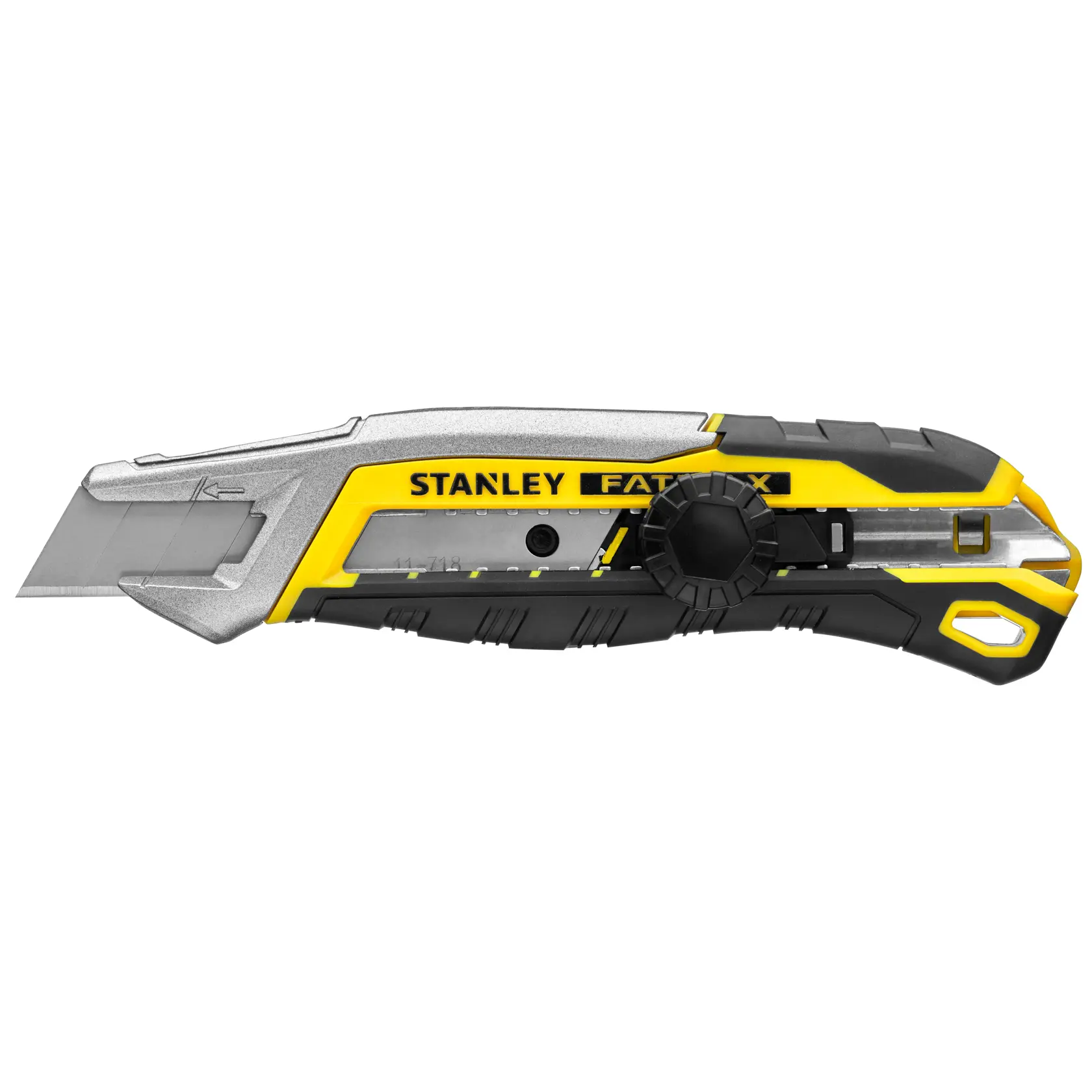 Stanley FATMAX utility knife side profile on white background, yellow and black handle with exposed blade