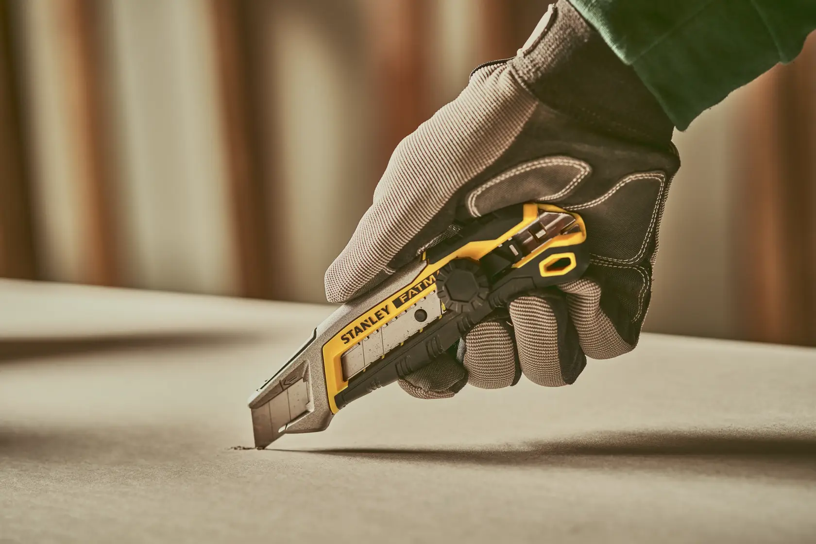 Photo of STANLEY FMHT10592-0 utility knife in gloved hand cutting material, close-up view.