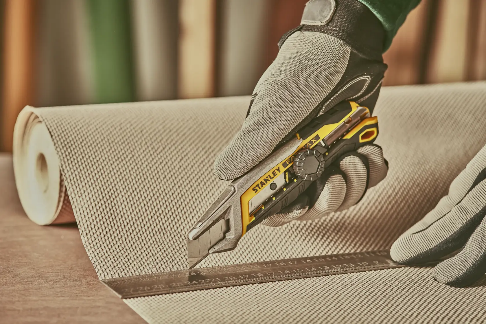 Stanley FMHT10592-0 utility knife cutting fabric with ruler, photography showing gloved hand in use.