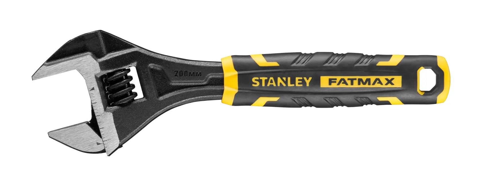 Stanley FatMax adjustable wrench with black and yellow handle, 200mm size, used for tightening or loosening bolts.