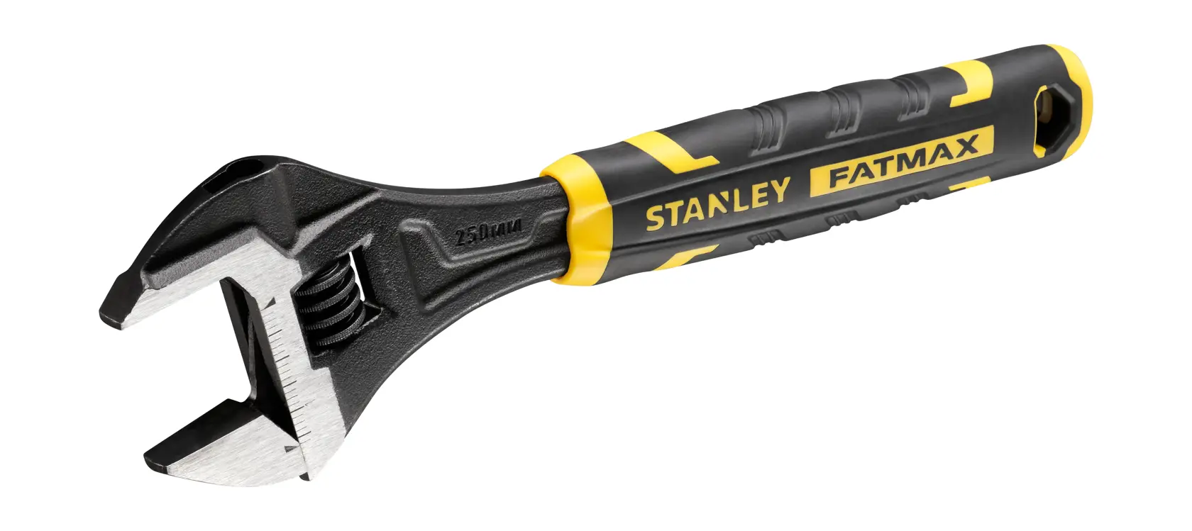 Adjustable wrench with black and yellow handle, STANLEY FATMAX branding, tool for tightening or loosening bolts.