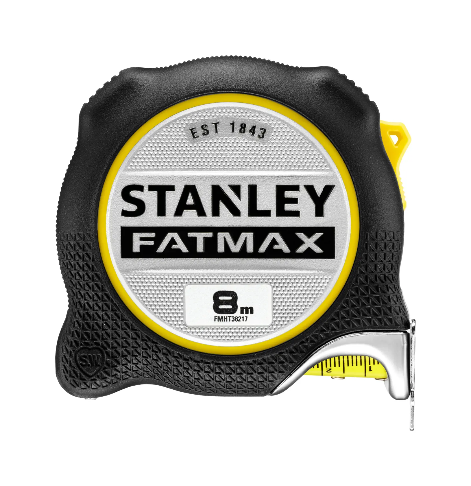 STANLEY FATMAX 8m tape measure FMHT38217-0, black and yellow, photography, front view on white background.