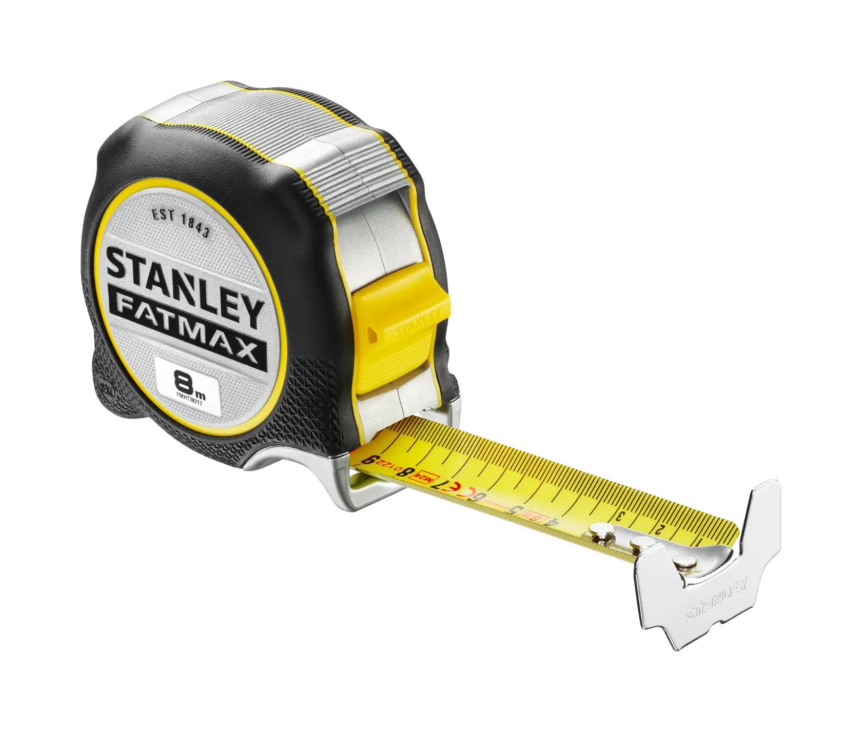 STANLEY FATMAX FMHT38217-0 tape measure 8m, angled view on white background, yellow and black casing.