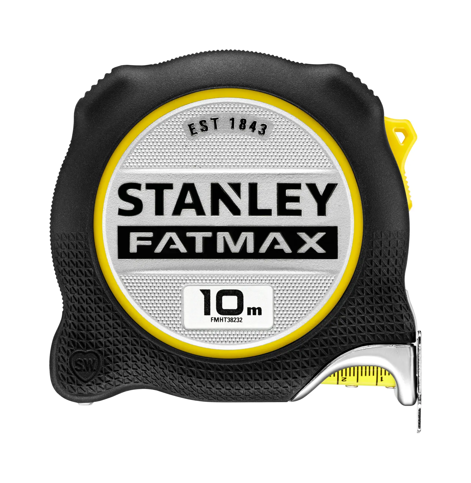STANLEY FMHT38232-0 tape measure, FATMAX series, 10m length, black and yellow, front angle, photography.