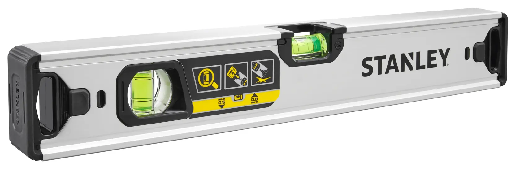 Photo of STANLEY FMHT43670-1 spirit level, silver body, two vials, black end caps, angled view on white background.
