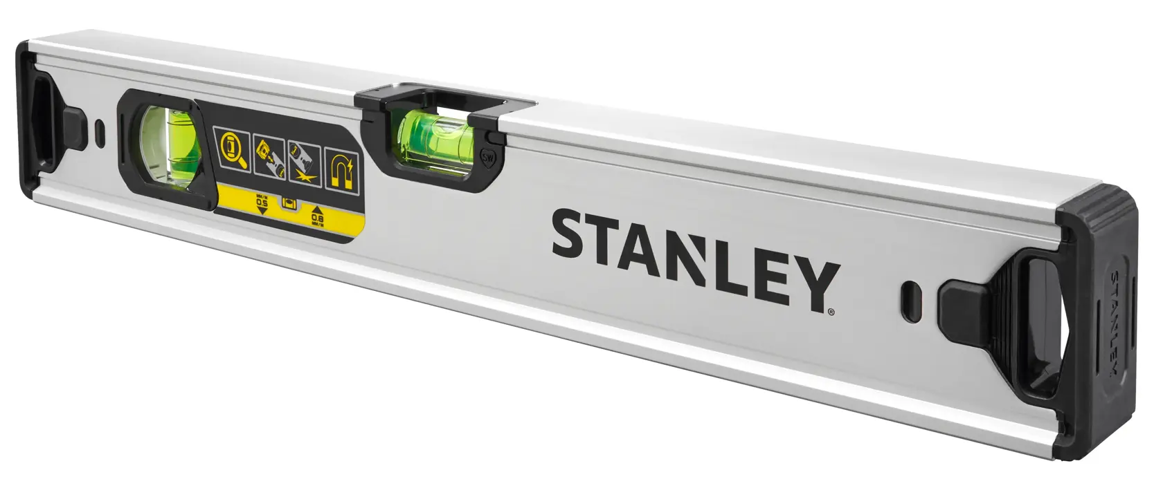 STANLEY FMHT43671-1 box beam spirit level with silver body, black end caps, and large horizontal vial, angled view.