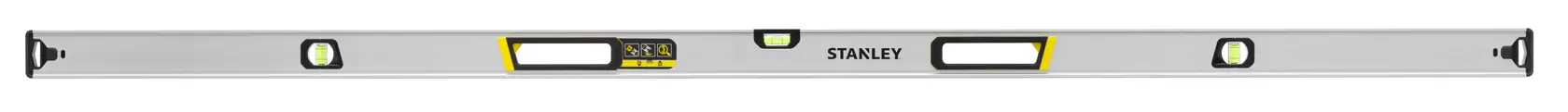 STANLEY FMHT43678-1 box beam spirit level, silver with black and yellow accents, top view, white background.