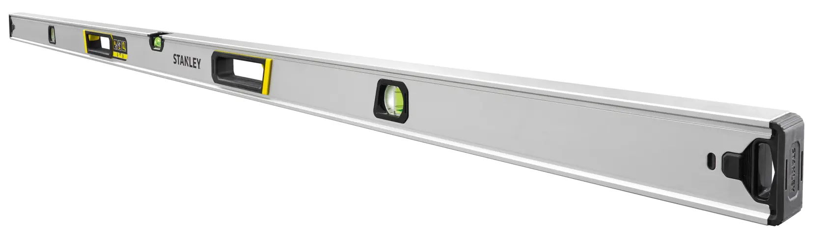 STANLEY FMHT43678-1 spirit level, silver with yellow accents, angled view on white background.