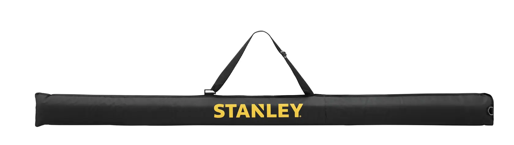 STANLEY FMHT43685-1 black carrying case for level, yellow logo, top view on white background.
