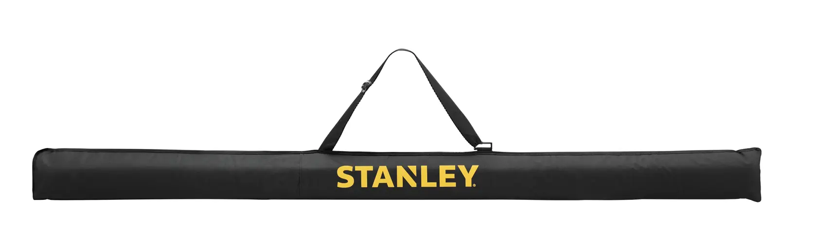 STANLEY FMHT43685-1 black padded level carrying case with yellow logo, top view, white background.