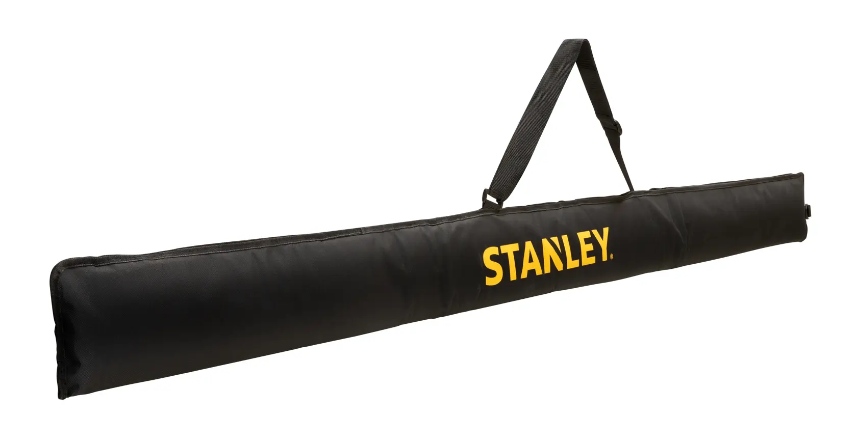 STANLEY FMHT43685-1 black padded carrying case with yellow logo and shoulder strap, side angle.