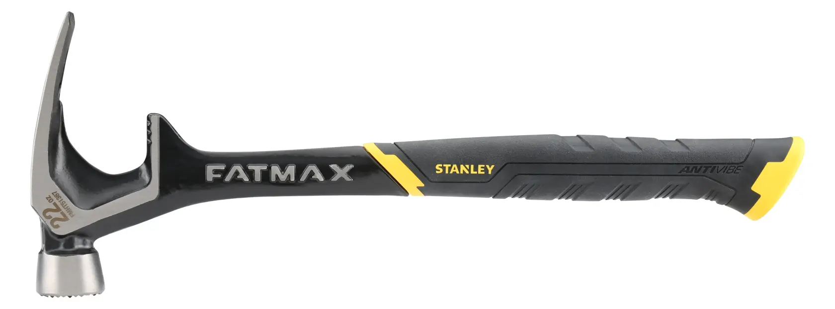 Stanley FATMAX claw hammer with black and yellow anti-vibration handle, side view on white background.