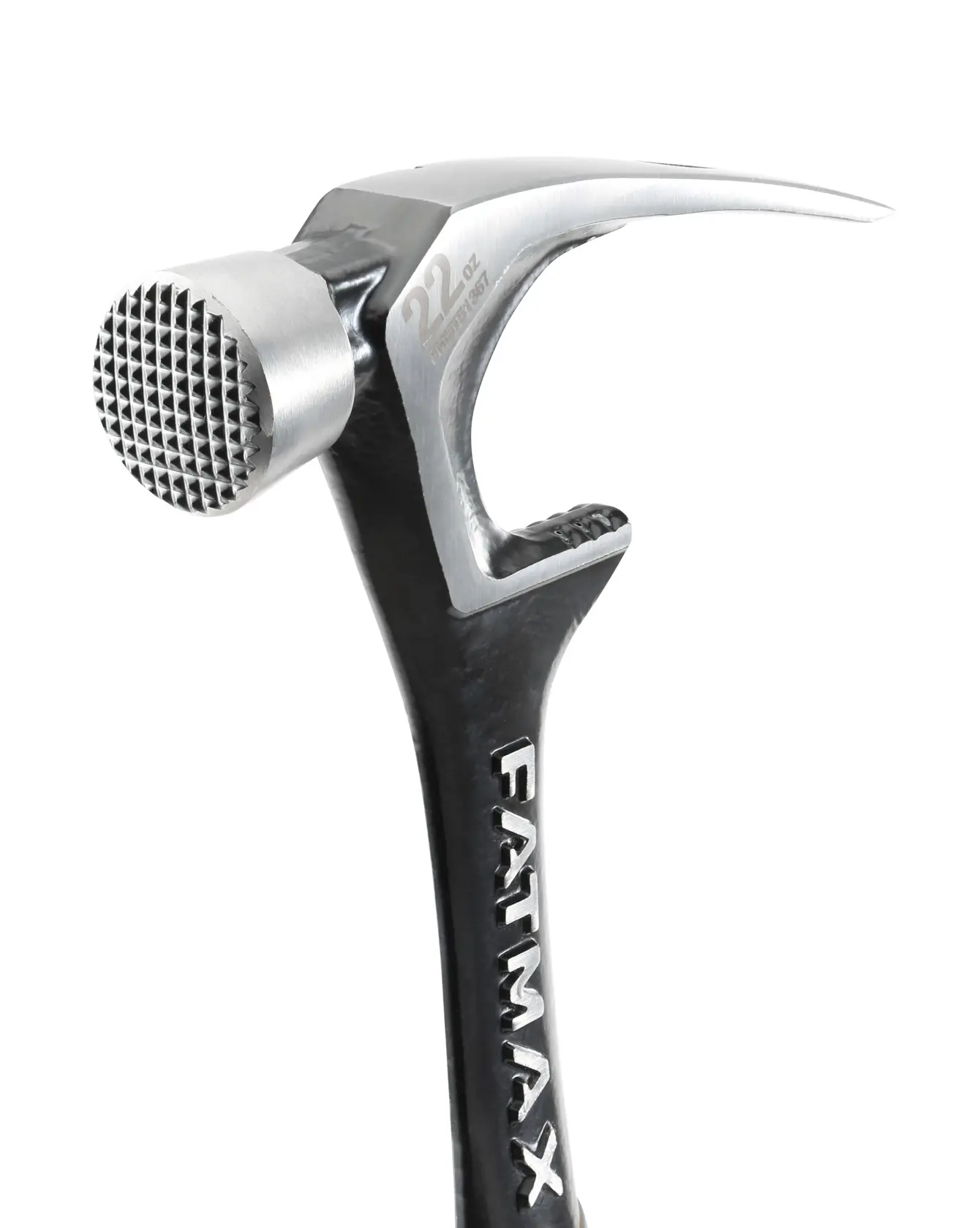 STANLEY FMHT51367-2 claw hammer, black and silver, milled face, close-up side view.