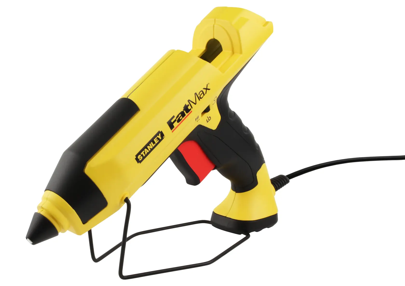 Stanley FatMax yellow glue gun with black and red accents and a metal stand, shown on a white background.