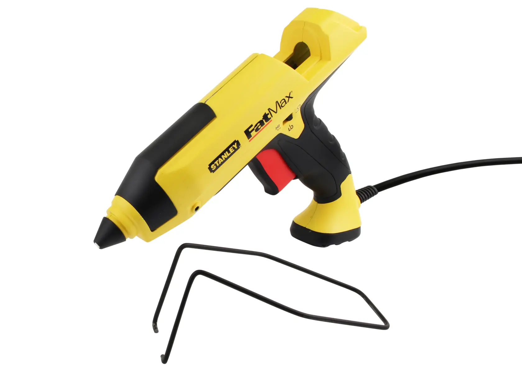 Yellow and black Stanley FatMax hot glue gun with stand and power cord, shown on a white background.