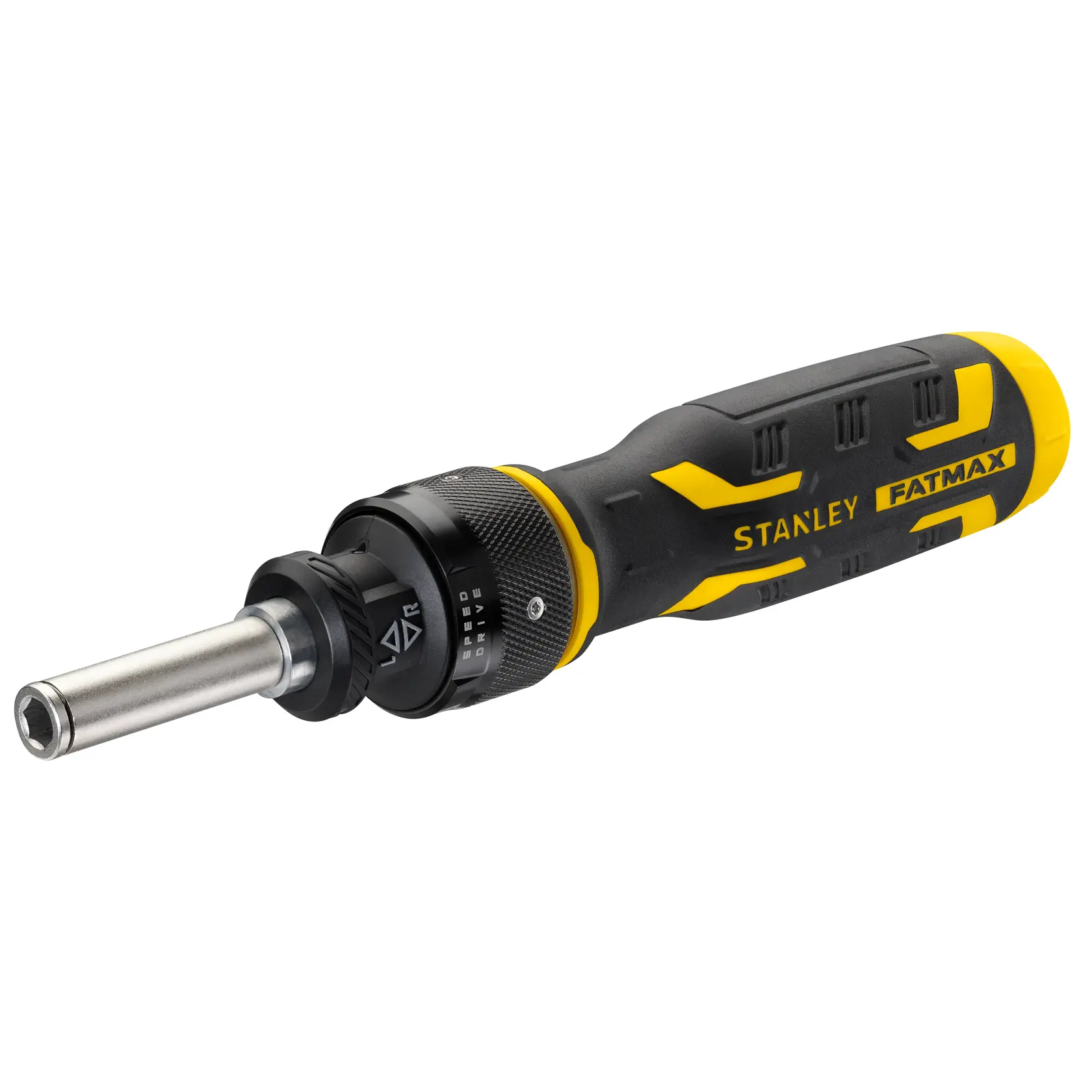 Photo of STANLEY FMHT62692-0 FATMAX ratcheting screwdriver, black and yellow handle, side angle on white background.