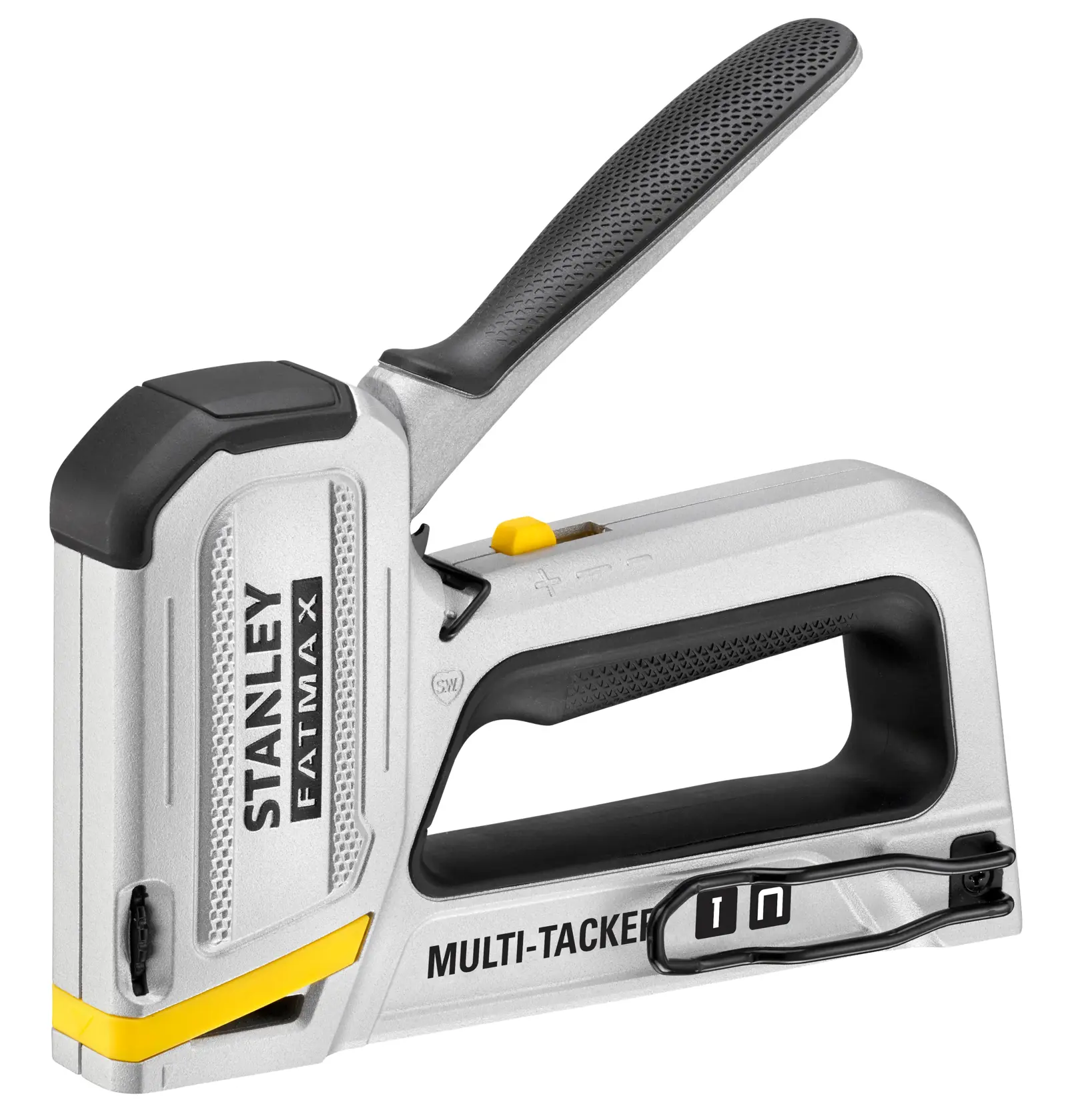 Photo of STANLEY FMHT70250-0 multi-tacker stapler, silver with black and yellow accents, side angle view.