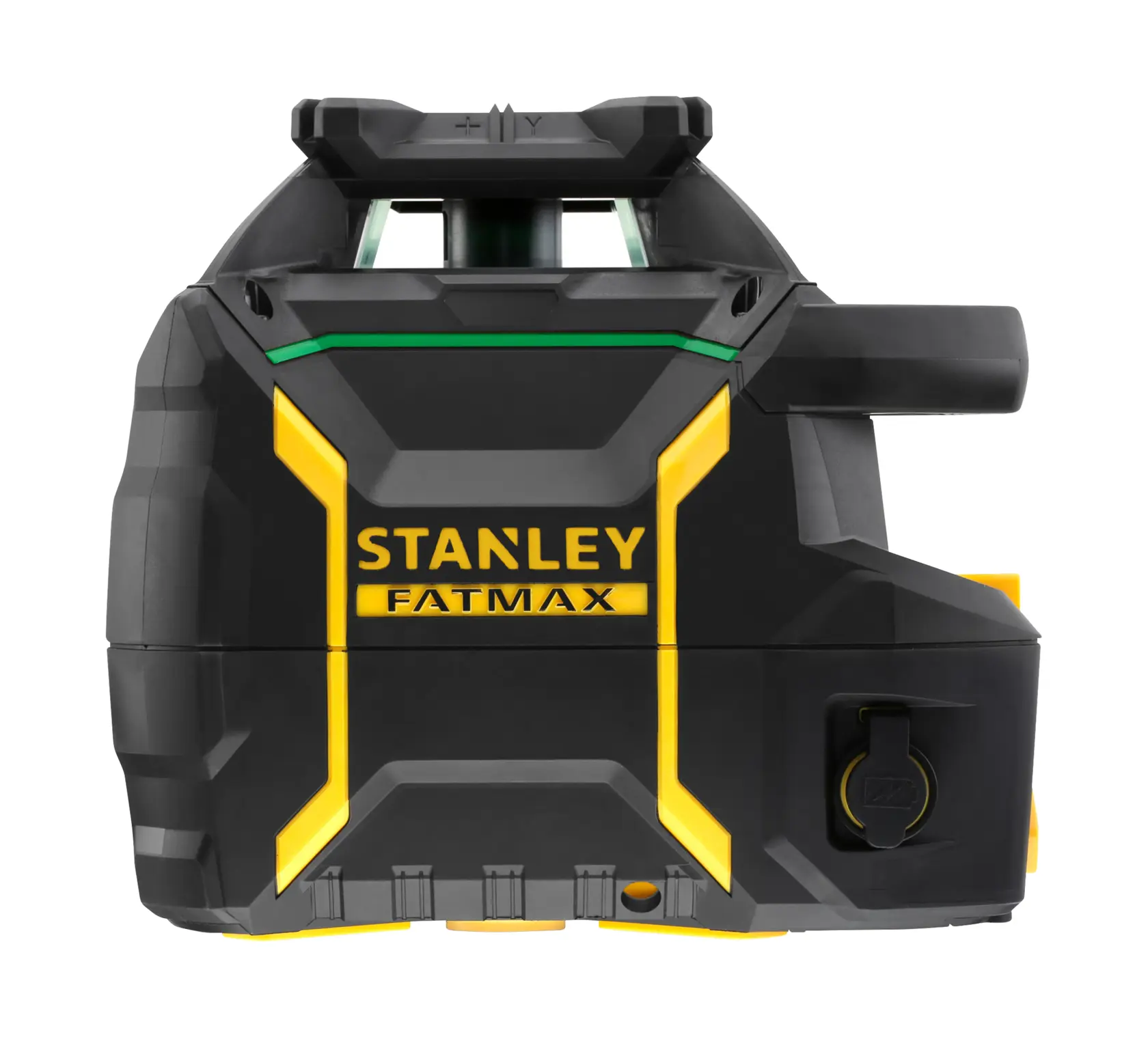Front view of a STANLEY FATMAX laser level, black and yellow, used for precise measurement in construction.