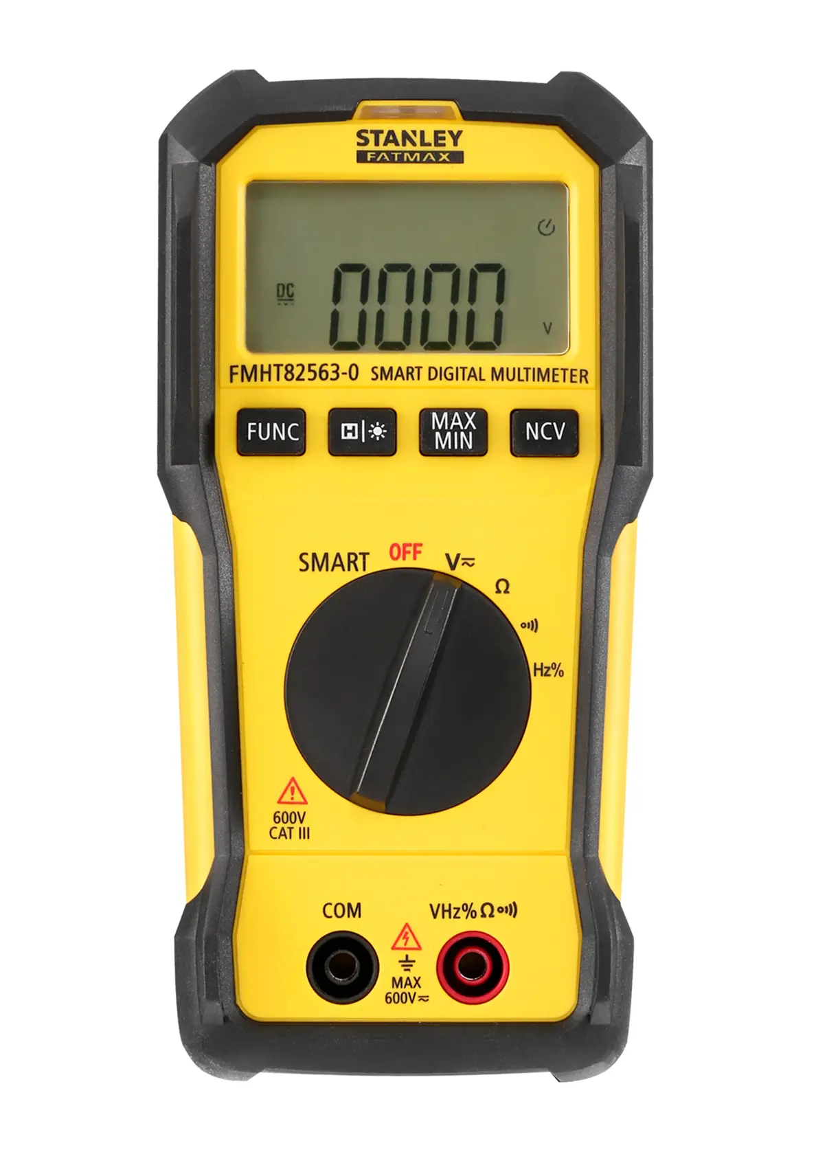 Photo of STANLEY FMHT82563-0 smart digital multimeter, yellow and black, front view on white background.