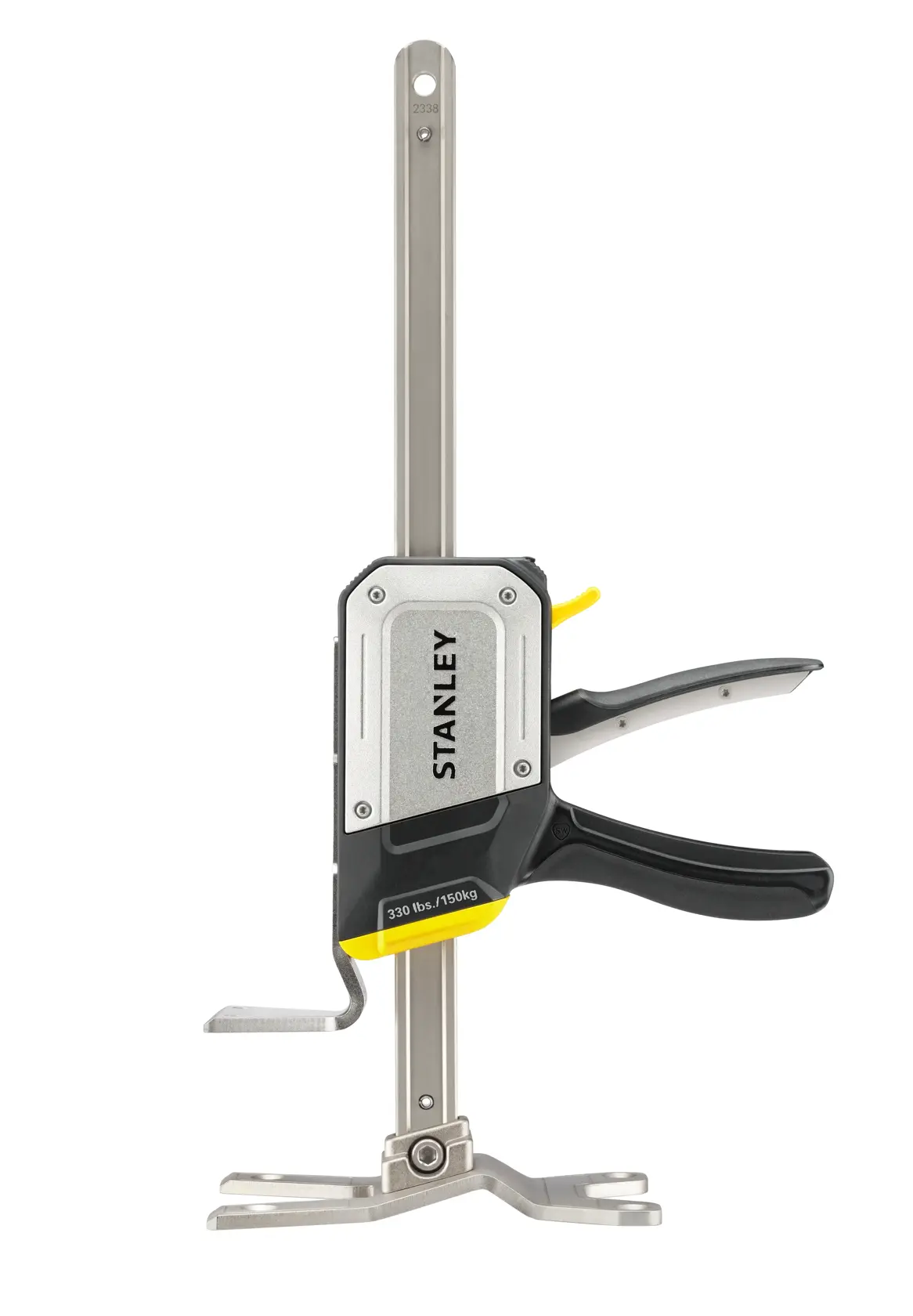 Photo of STANLEY FMHT83550-1 clamp on stand, black and silver, angled view on white background.
