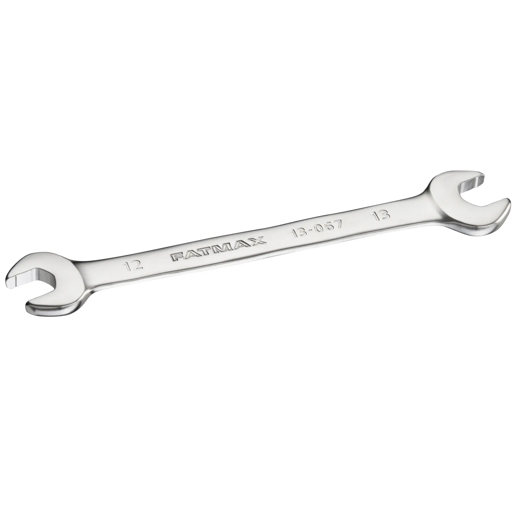 STANLEY FMMT13067-0 open-end wrench silver, top angle on white background, dual metric heads 12mm and 13mm.