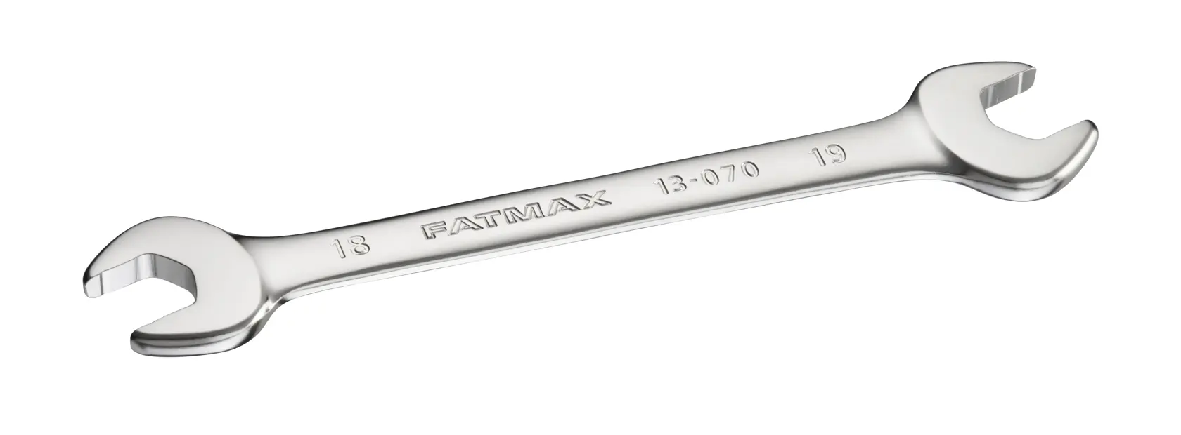 Double open-end wrench with polished finish, sizes 13mm and 19mm, FATMAX branding visible on tool.