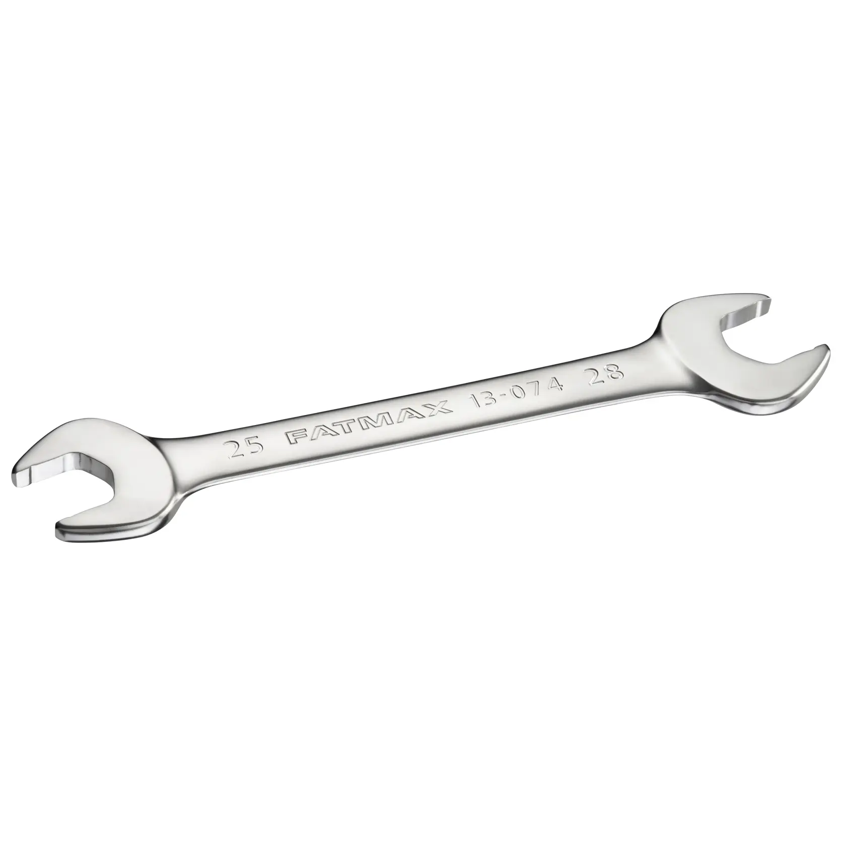 STANLEY FMMT13074-0 open-end wrench, silver, angled view, dual head, photography on white background.