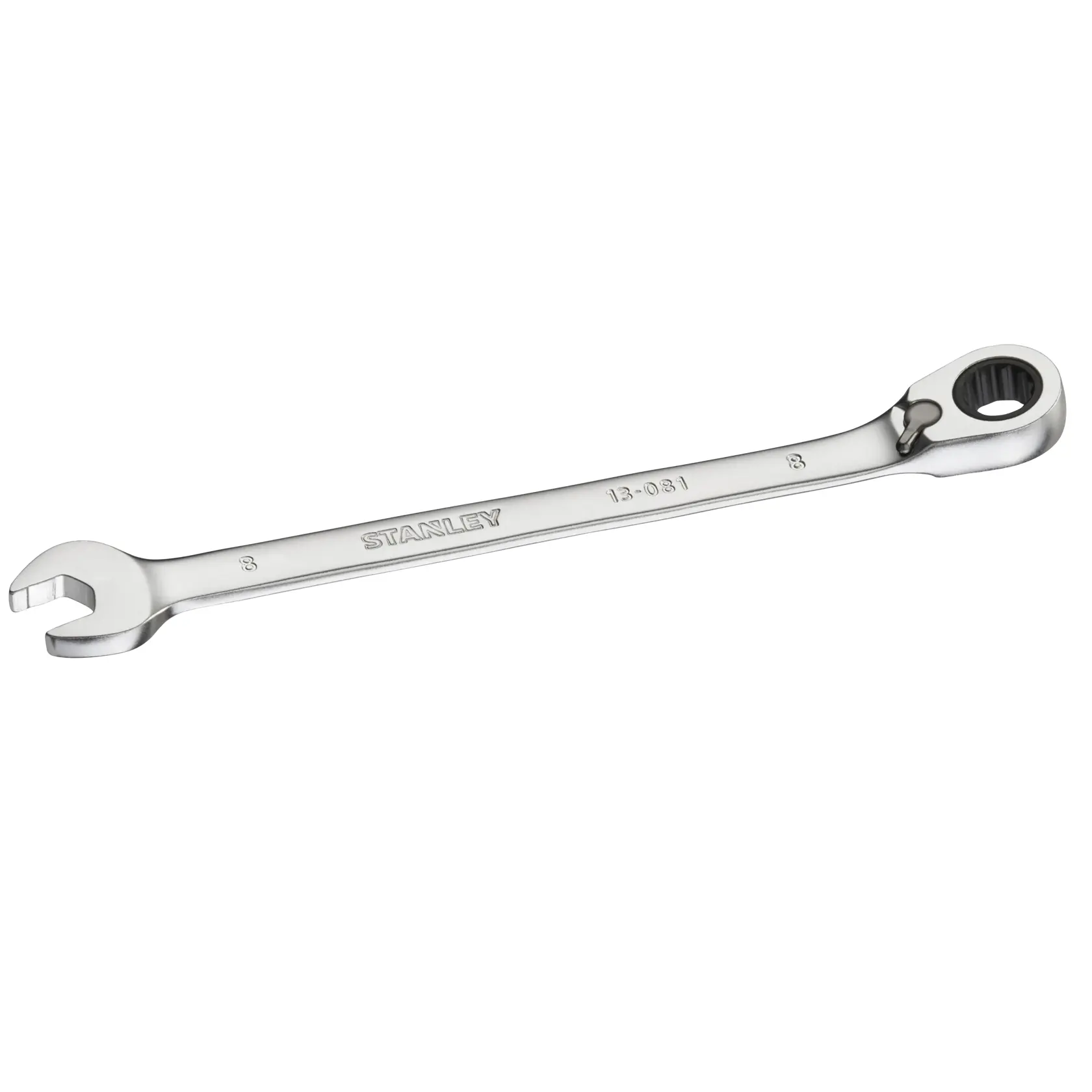 STANLEY FMMT13081-0 ratcheting combination wrench, chrome finish, front angle on white background.