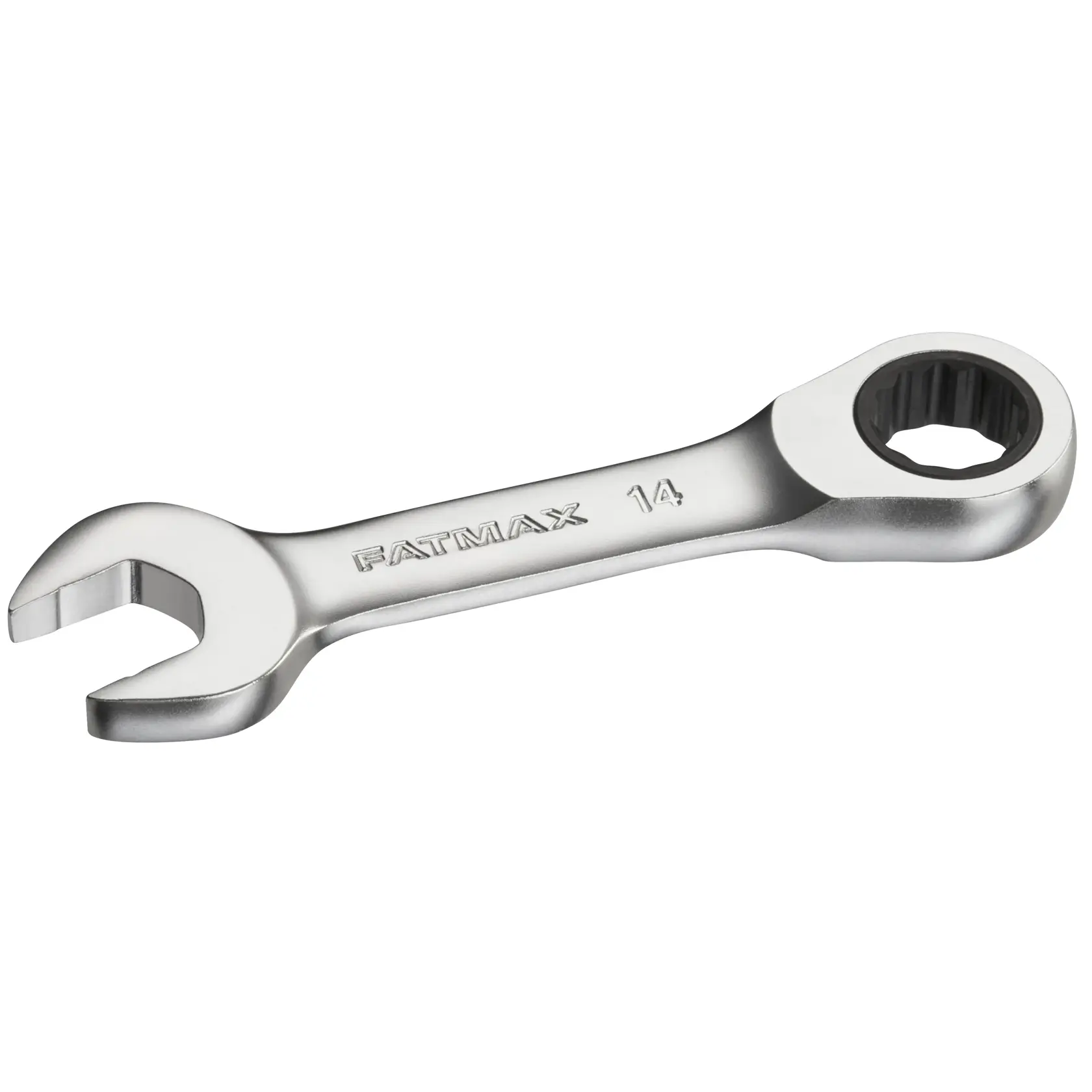 STANLEY FMMT13112-0 silver ratcheting combination spanner, front angle on white background.