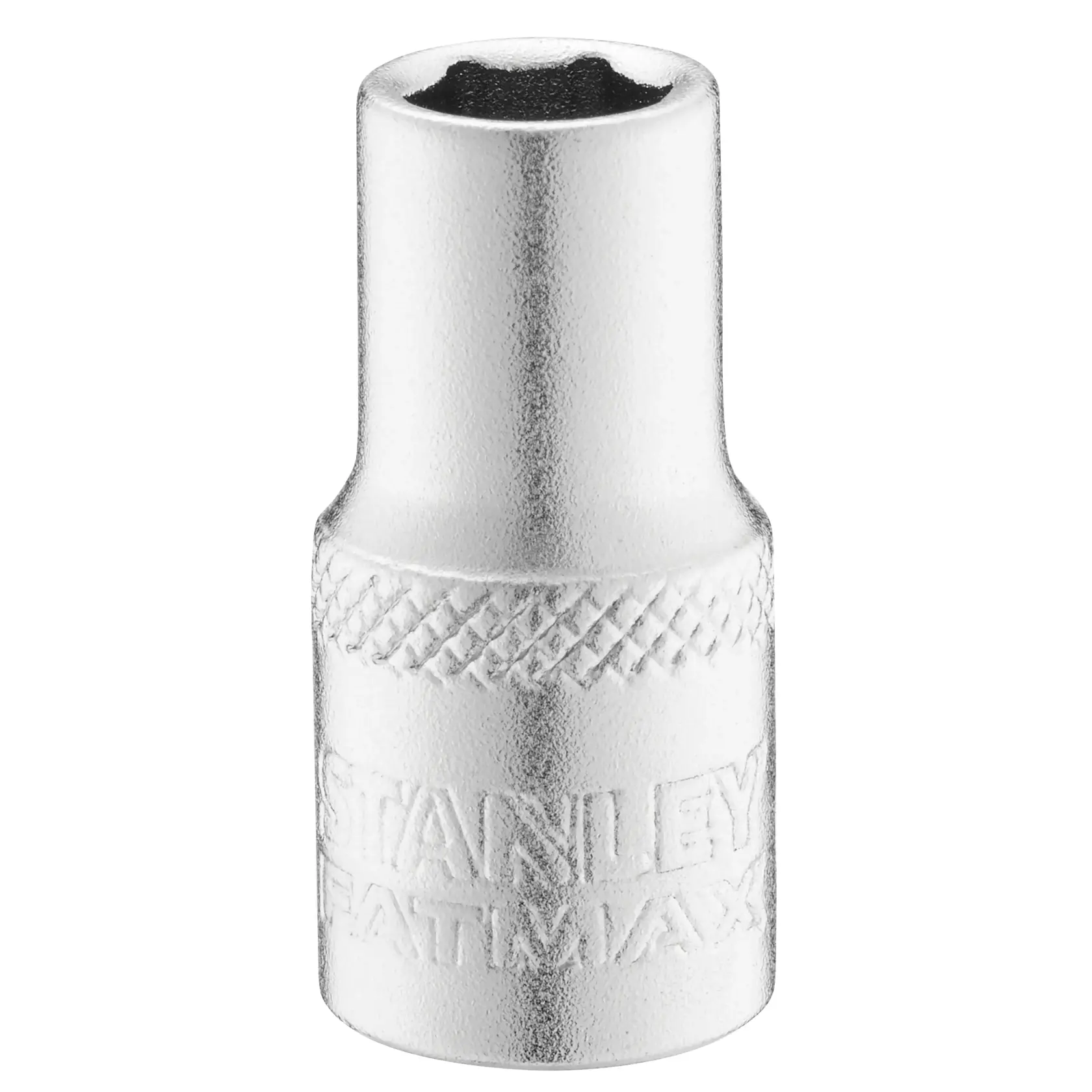 Photo of STANLEY FMMT17191-0 chrome hand socket with knurled grip, front angle on white background.