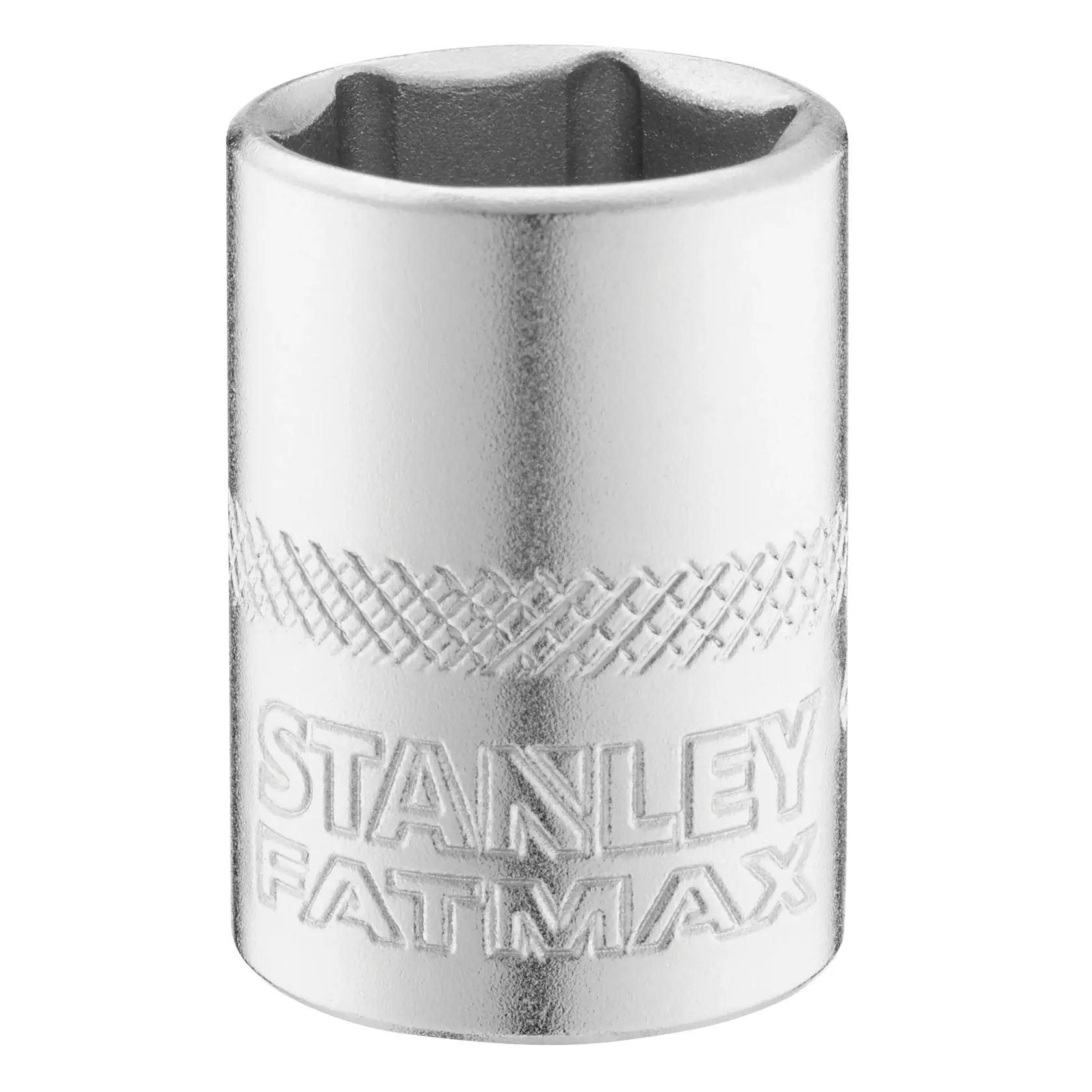 STANLEY FMMT17198-0 chrome socket, cylindrical hand tool with knurled grip, front angle on white background.