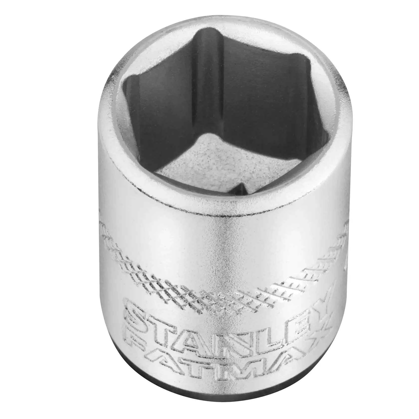 STANLEY FMMT17207-0 socket, silver, hex shape, engraved branding, front angle photo.