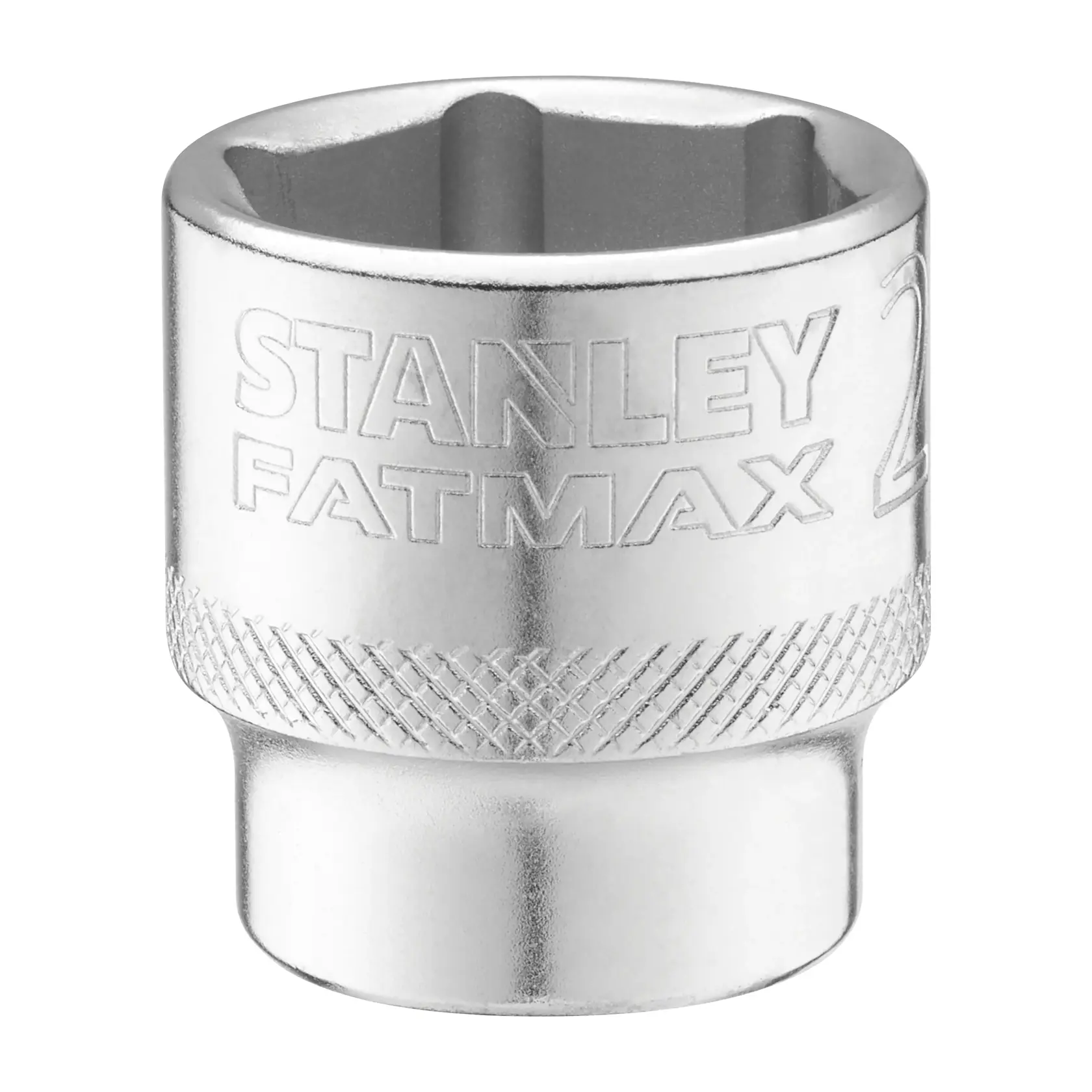 STANLEY FMMT17221-0 chrome socket, knurled grip, front angle, FATMAX logo engraving.