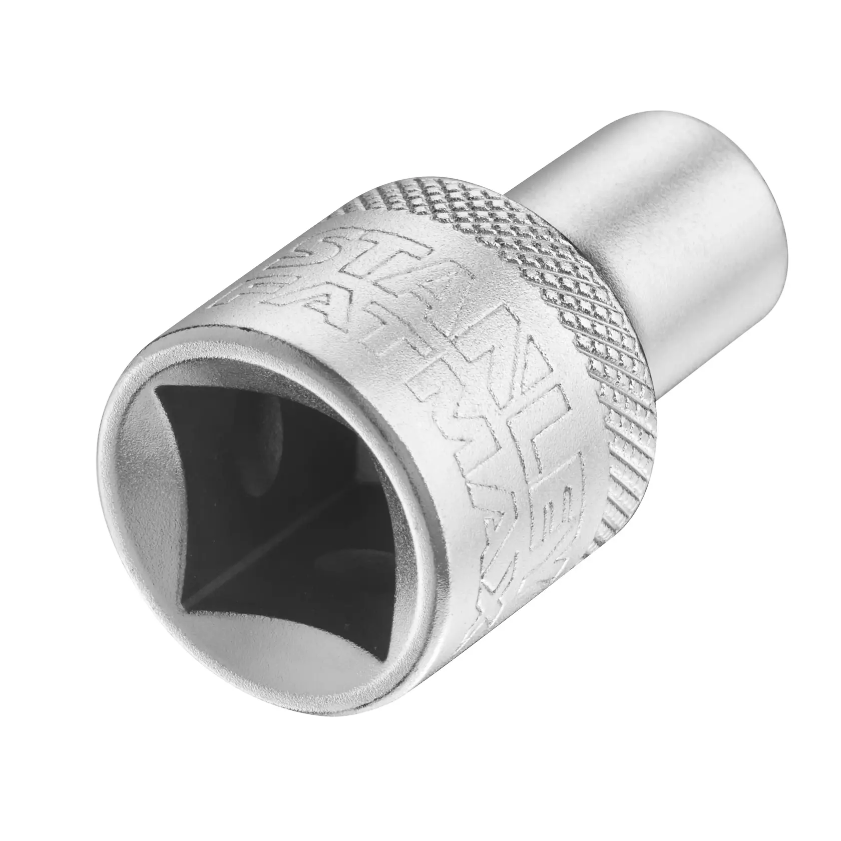 Photo of STANLEY FMMT17227-0 chrome socket adapter with knurled grip, angled view on white background.