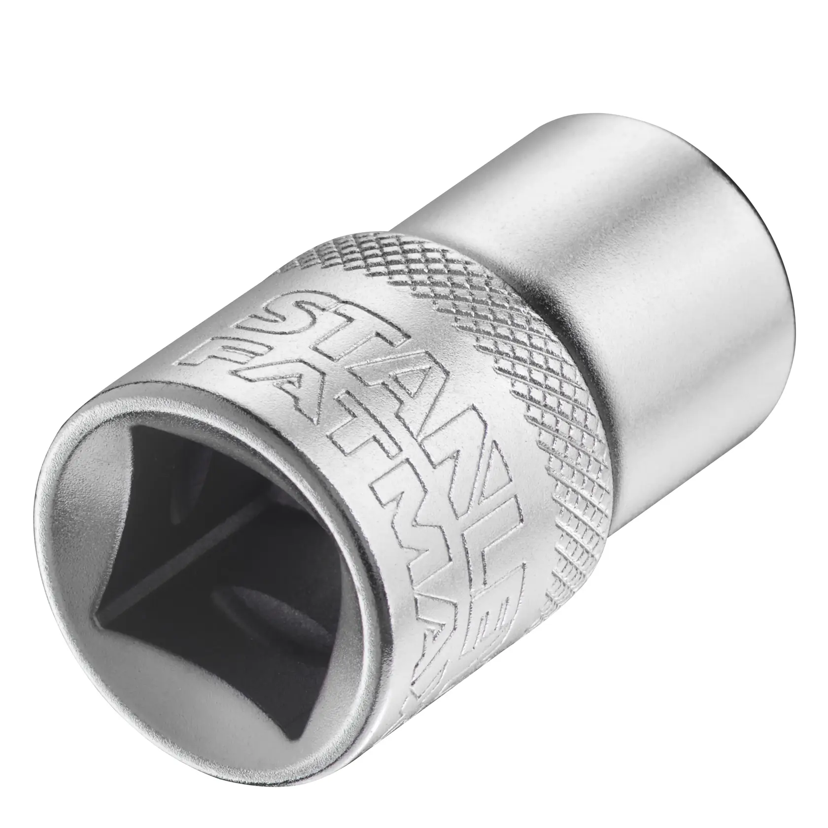 STANLEY FMMT17232-0 socket tool, silver, knurled grip, angled front, photography on white background.