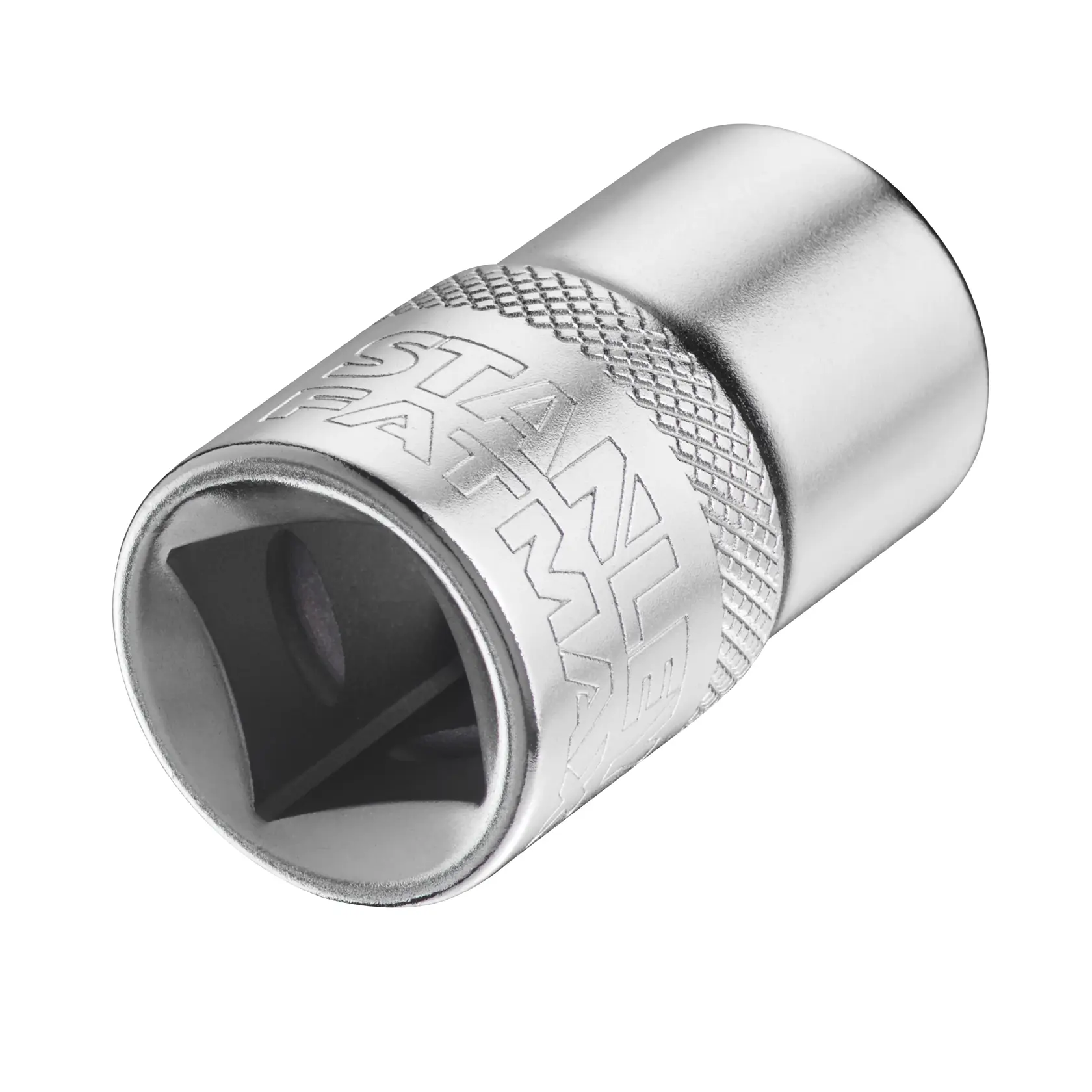 STANLEY FMMT17233-0 silver socket tool, close-up angle, engraved branding, photography on white background.