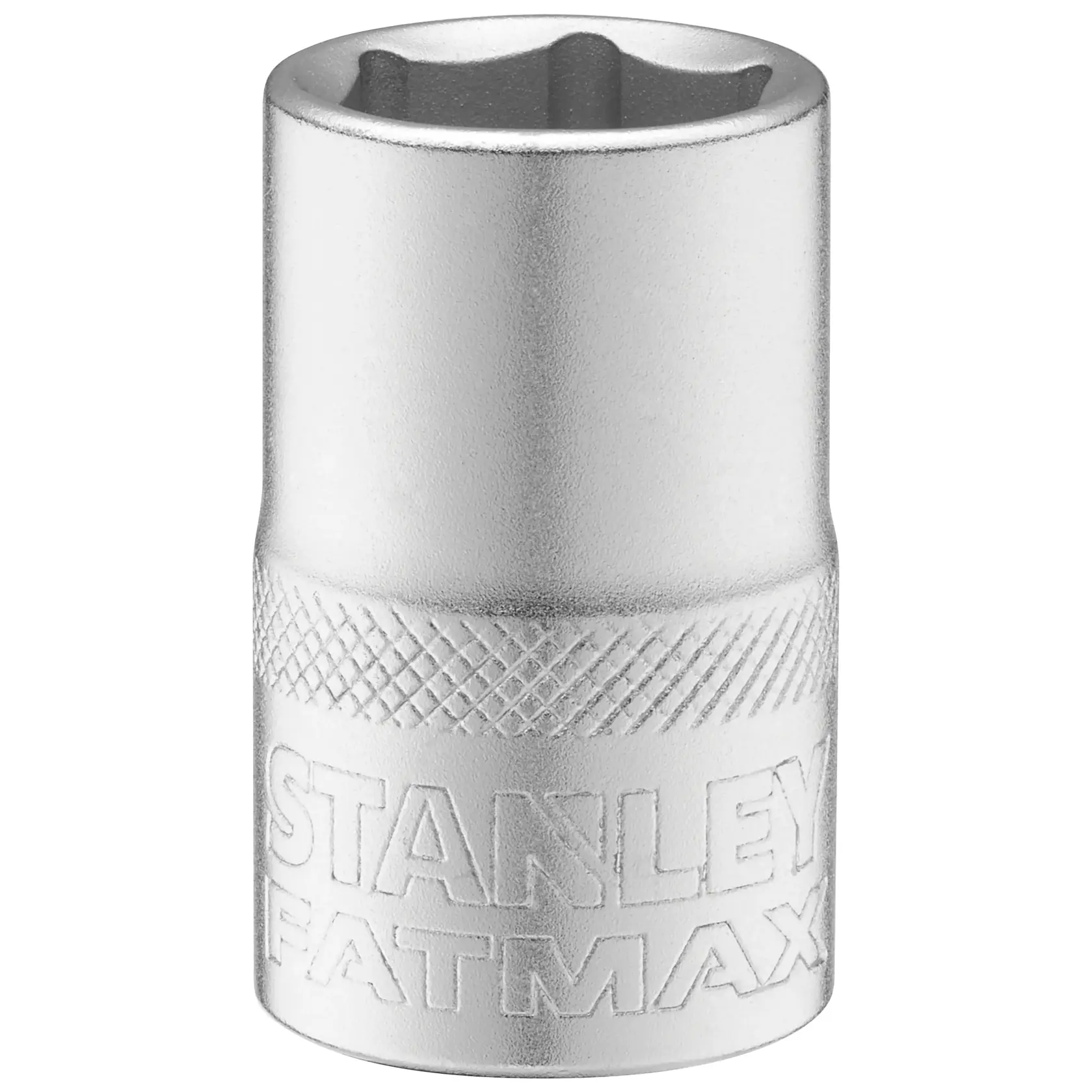 STANLEY FMMT17235-0 chrome socket, embossed logo, photography of tool with knurled grip, front angle view.