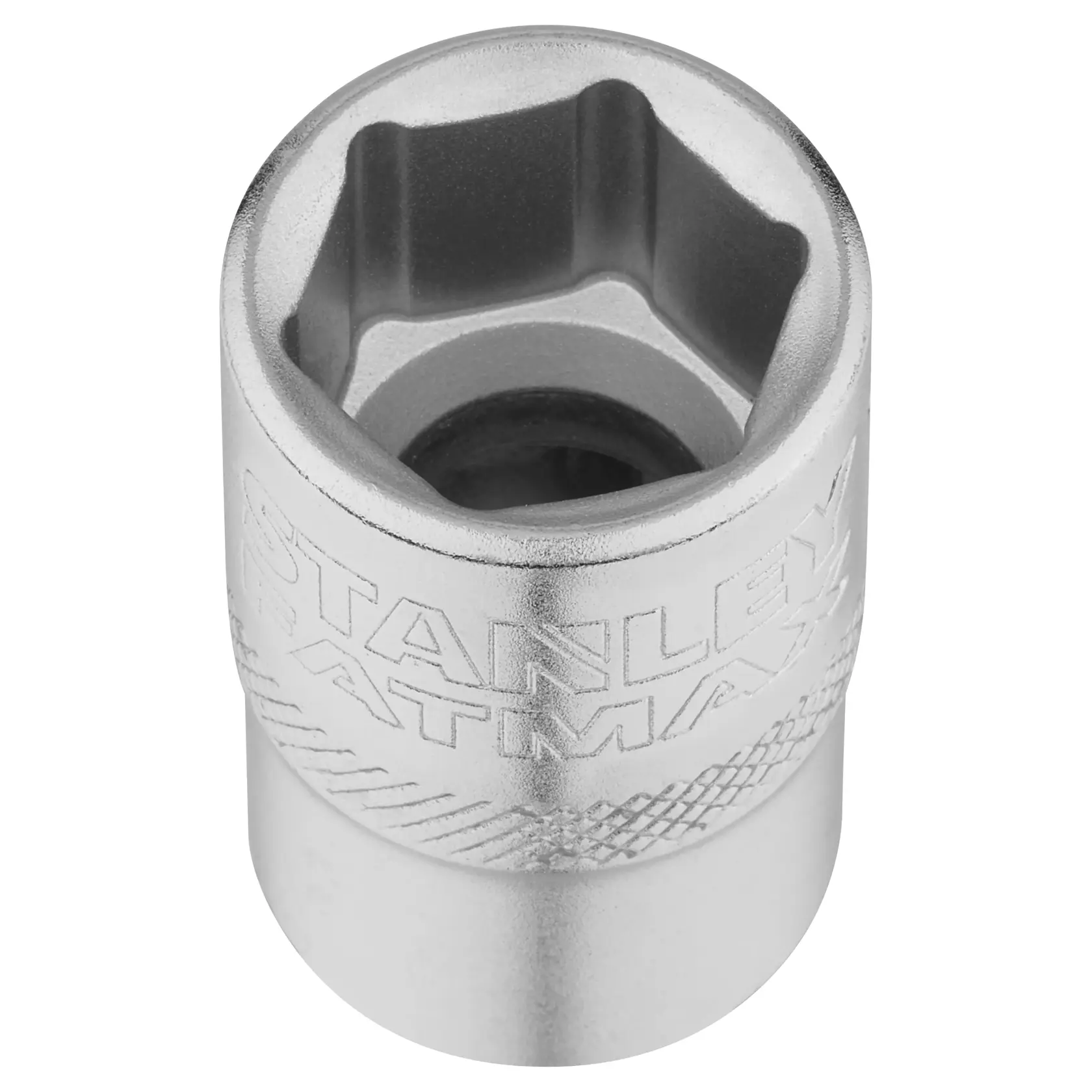 STANLEY FMMT17236-0 chrome socket, engraved STANLEY logo, tool category, front angle, white background.