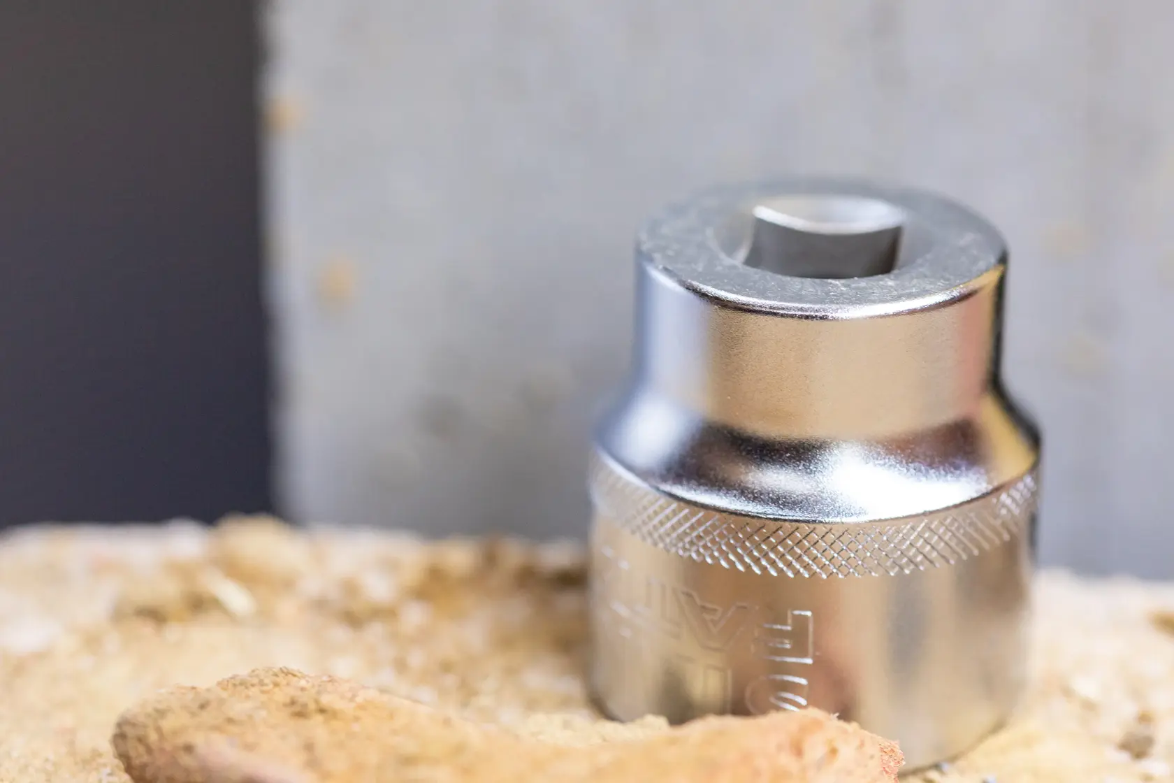STANLEY FMMT17236-0 chrome socket, close-up angle, showing knurled grip, used for tightening or loosening nuts.