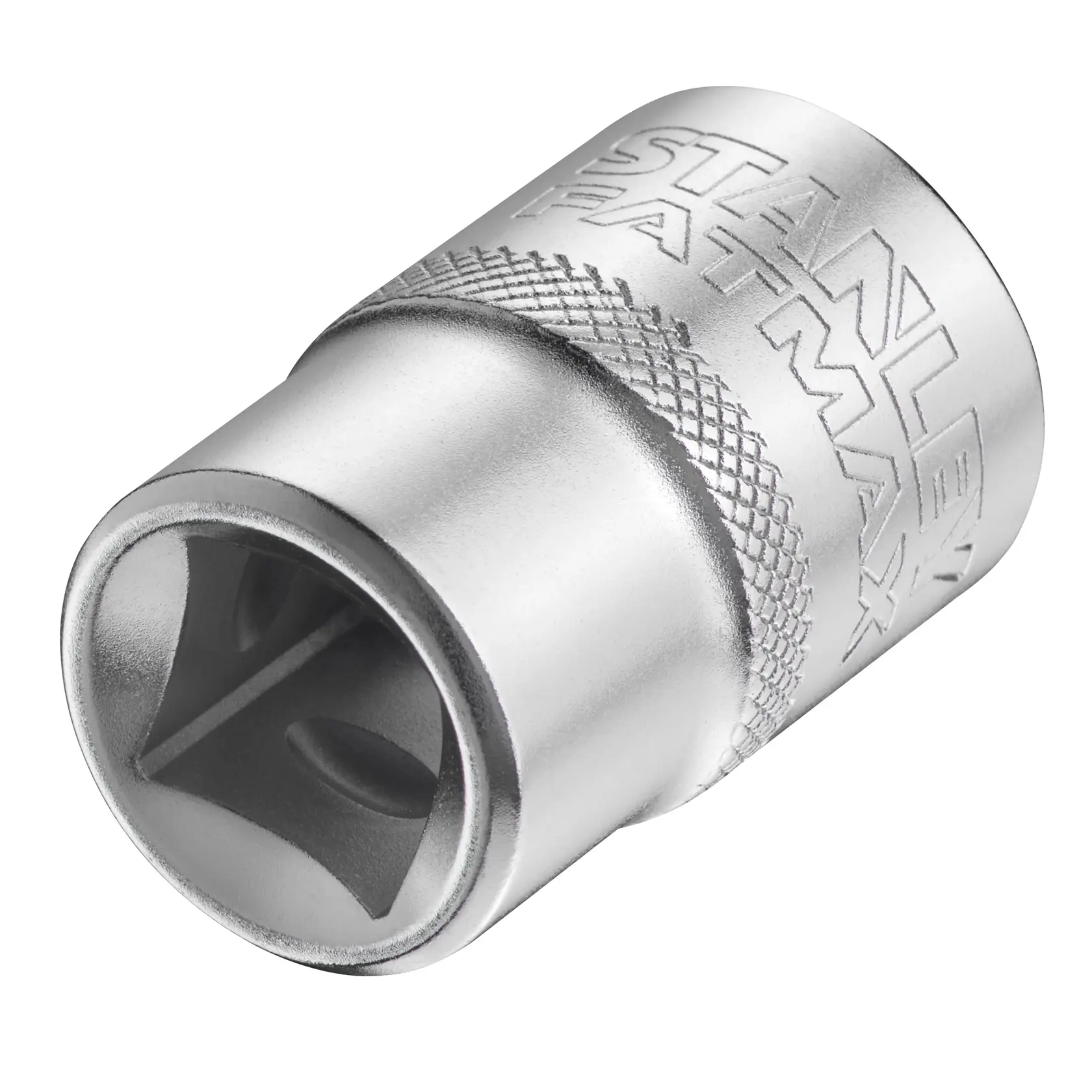 Photo of STANLEY FMMT17237-0 socket, silver, knurled grip, angled on white background.