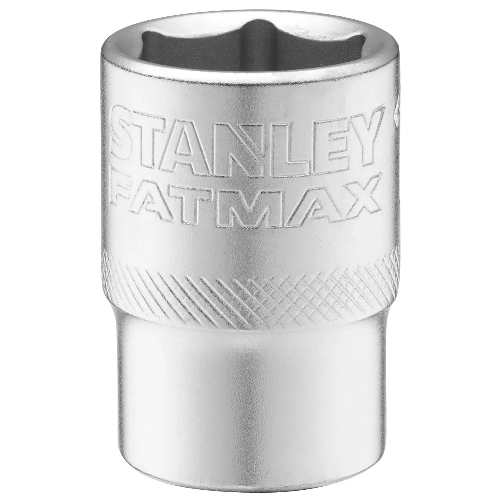 STANLEY FMMT17238-0 chrome socket, FATMAX branding, knurled grip, front angle, hand tool accessory.