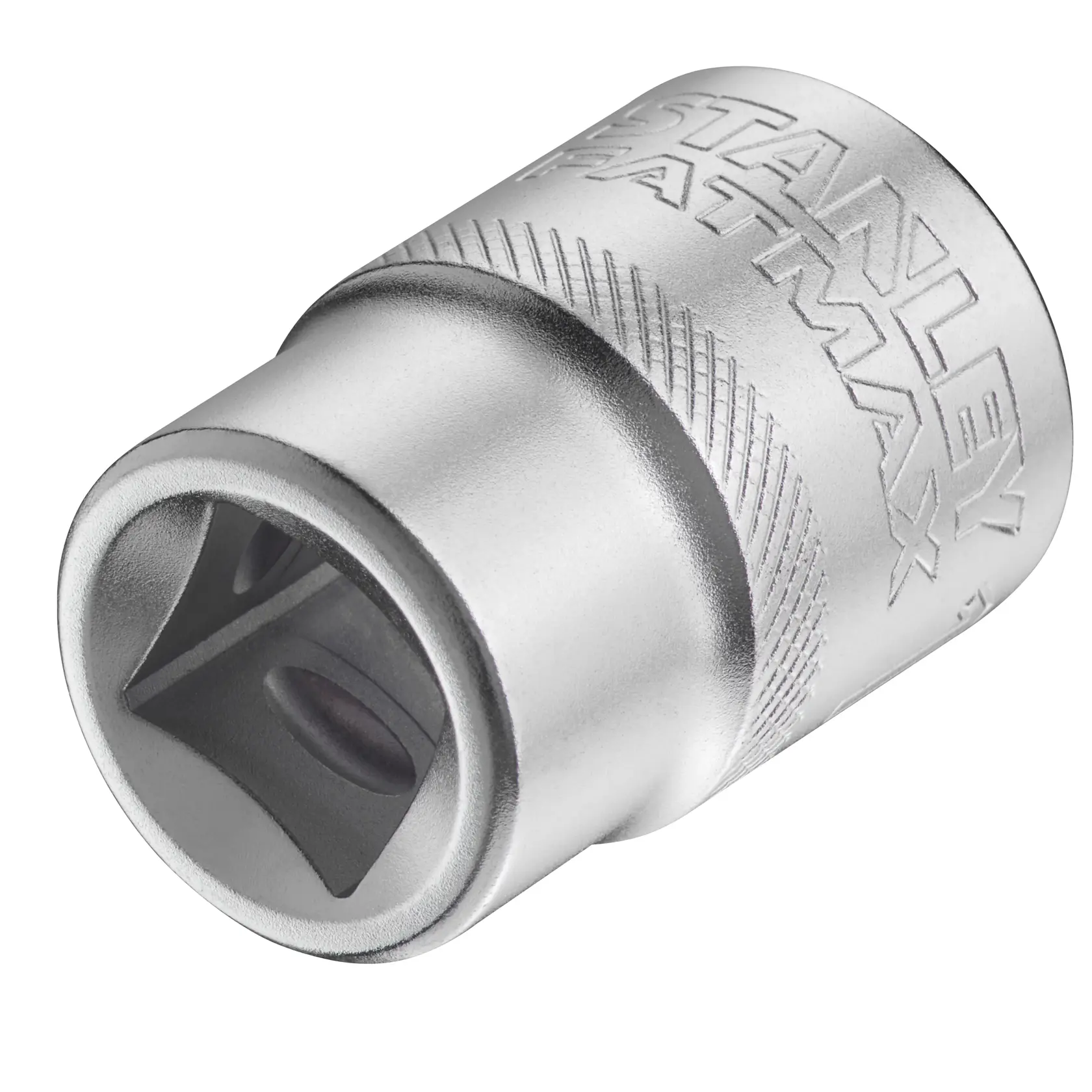STANLEY FMMT17238-0 chrome socket adapter, close-up angled view, with etched brand logo, hand tool accessory.