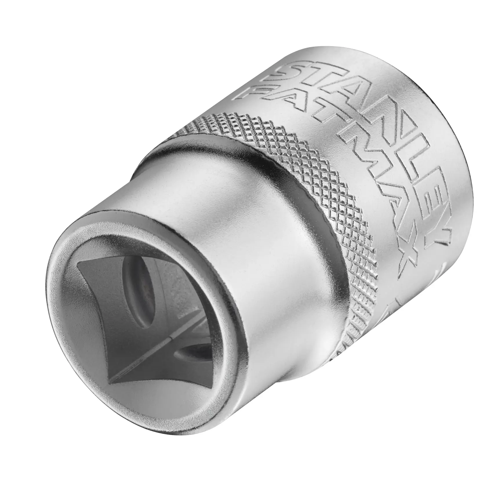 STANLEY FMMT17239-0 chrome socket, close-up at angle on white background, engraved with logo and textured grip.
