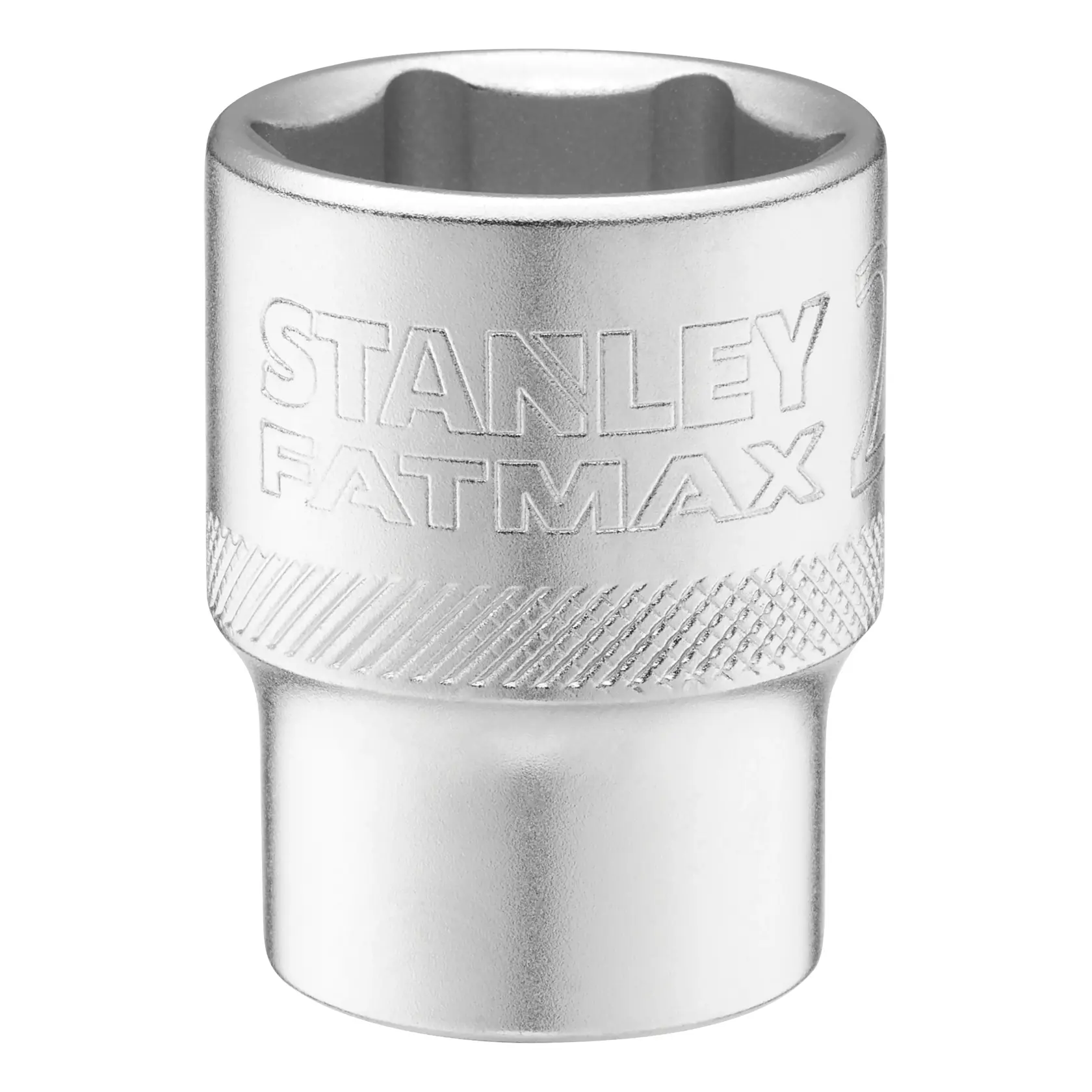 Stanley FMMT17242-0 socket tool, silver, front angle, engraved logo, photography on white background.