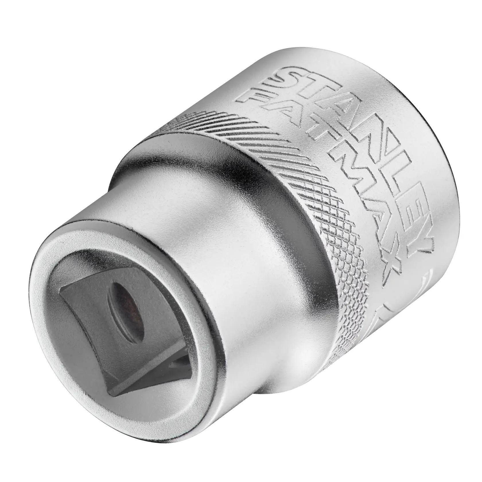 STANLEY FMMT17242-0 chrome socket adapter with knurled grip, close-up angled on white background.