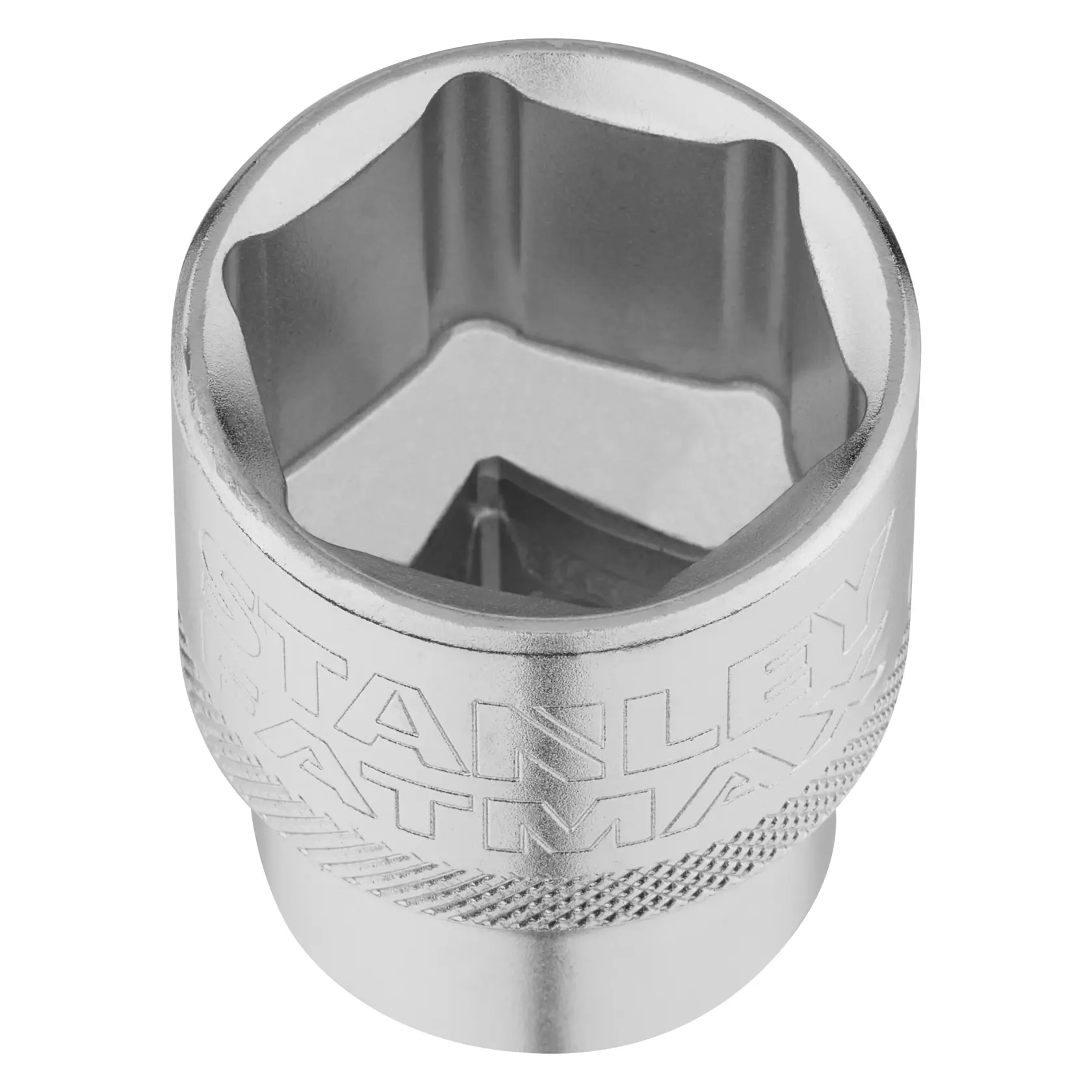 Photo of STANLEY FMMT17244-0 chrome socket, hexagonal design, close-up view on white background.