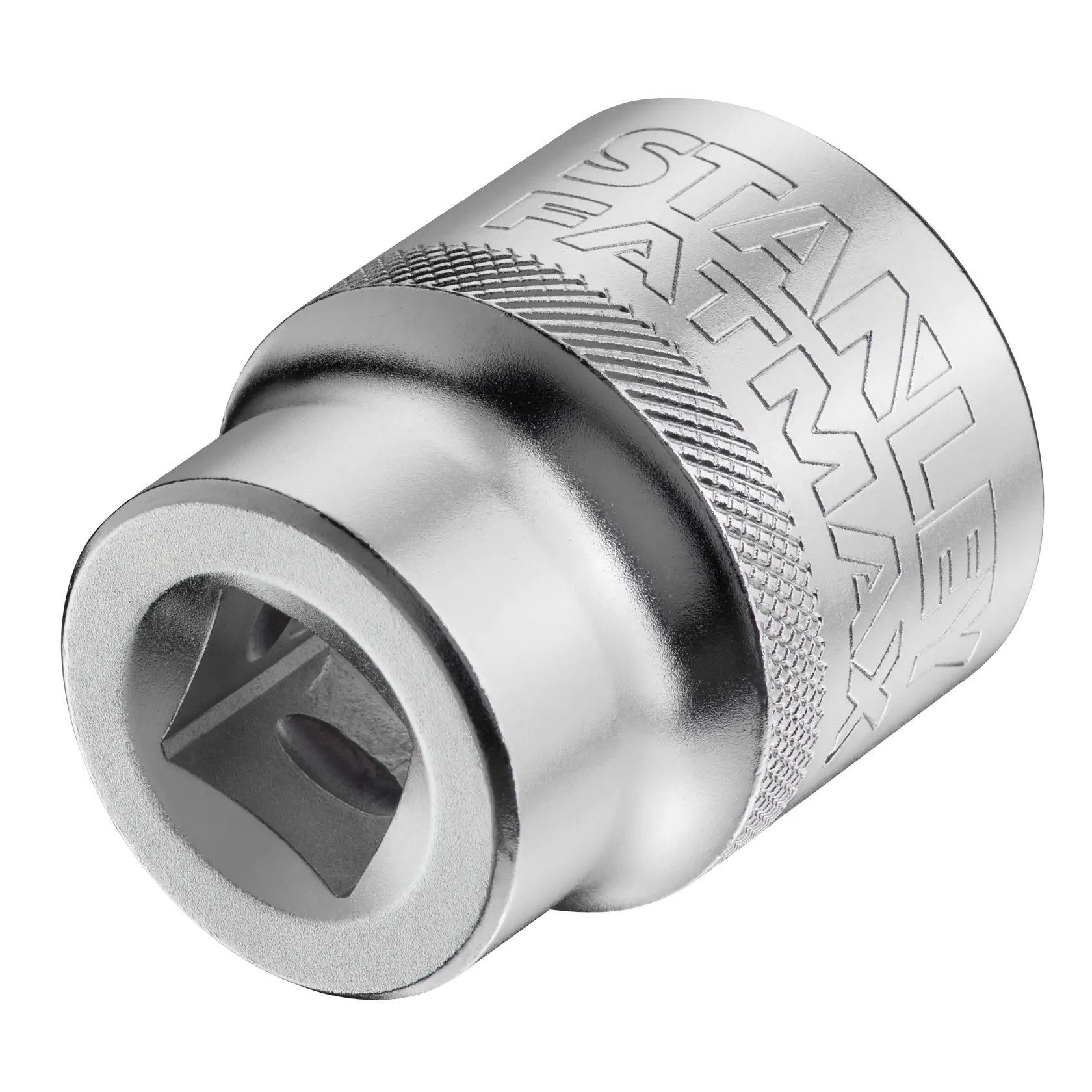 Photo of STANLEY FMMT17244-0 socket, chrome finish, engraved STANLEY FATMAX branding, close-up angle.