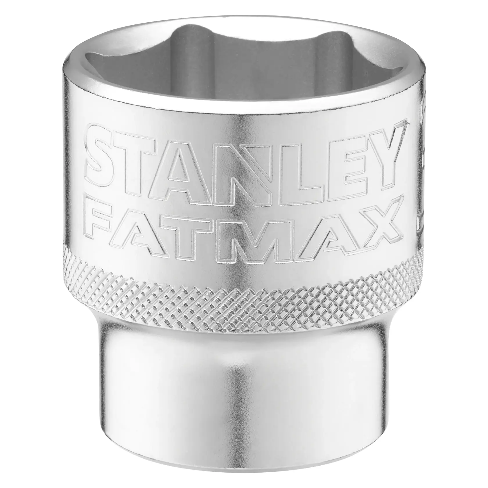 Photo of STANLEY FMMT17245-0 chrome socket, knurled grip, FATMAX branding, front angle on white background.