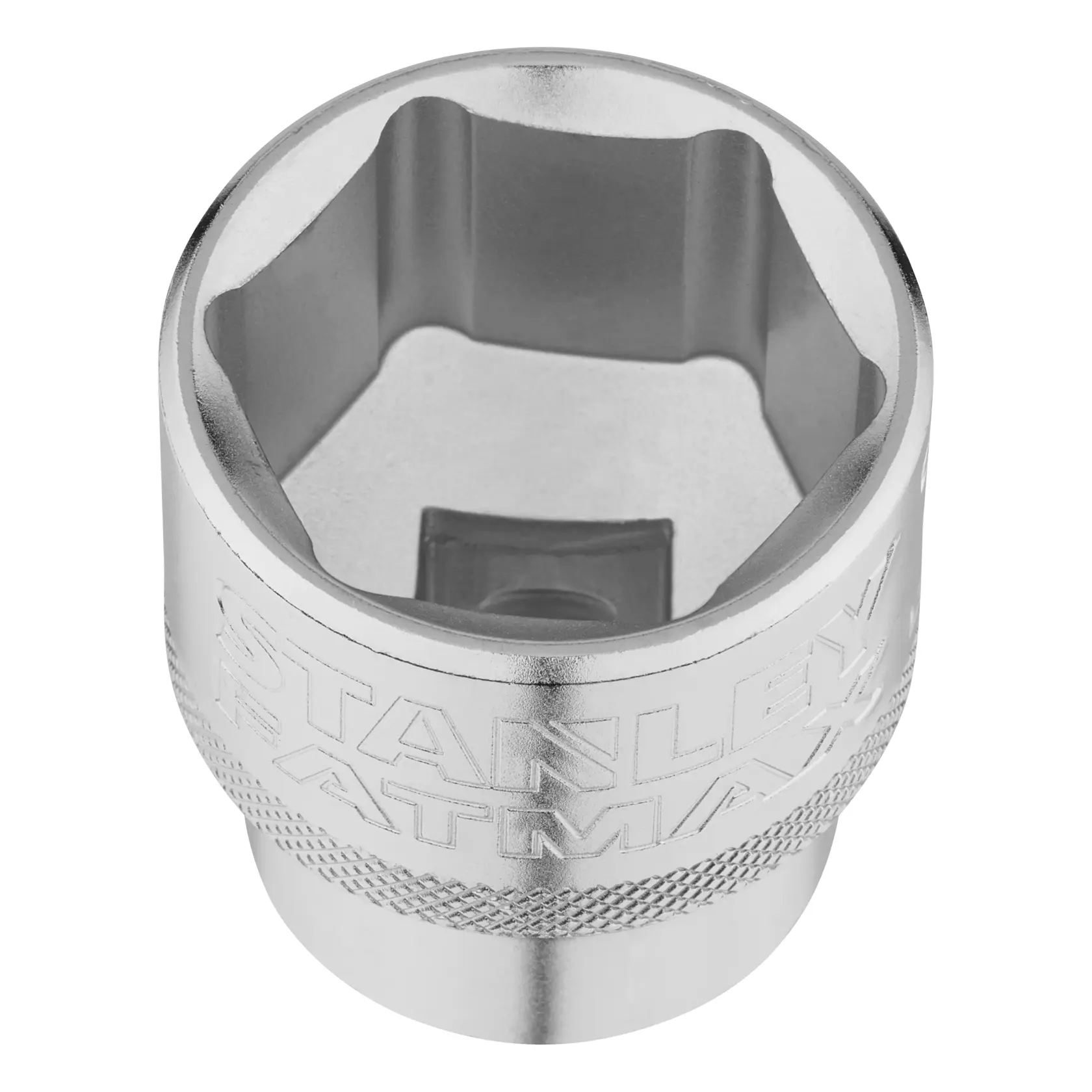 Photo of STANLEY FMMT17245-0 chrome socket, knurled grip, top angle, tool accessory.